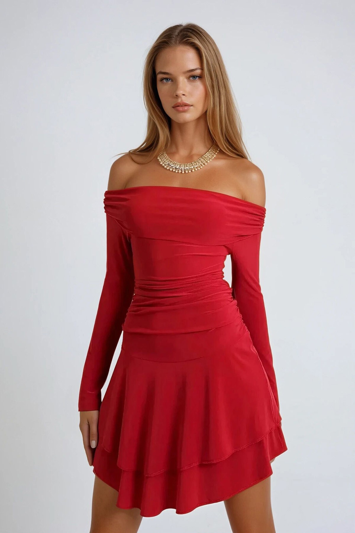 Kırmızı Madonna Yaka Eteği Volanlı Sandy Elbise