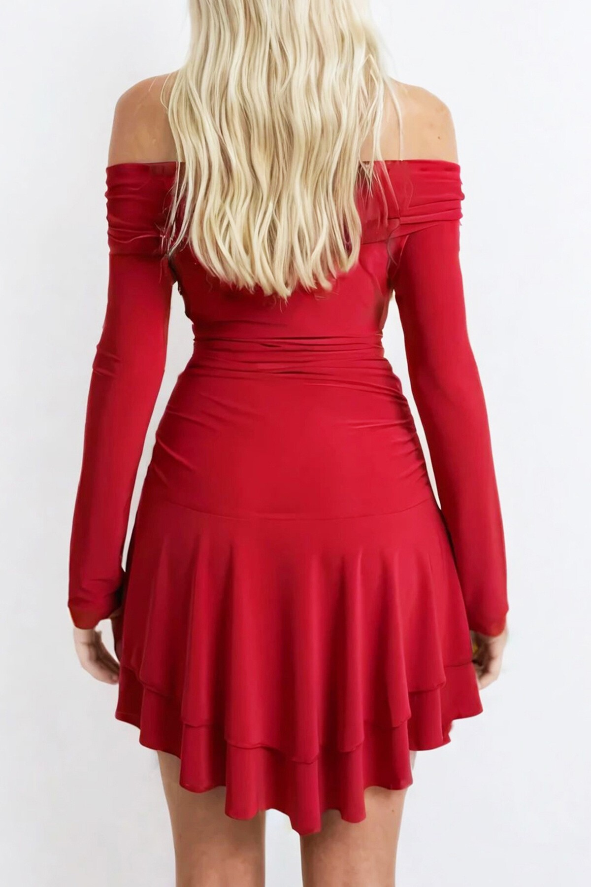 Kırmızı Madonna Yaka Eteği Volanlı Sandy Elbise