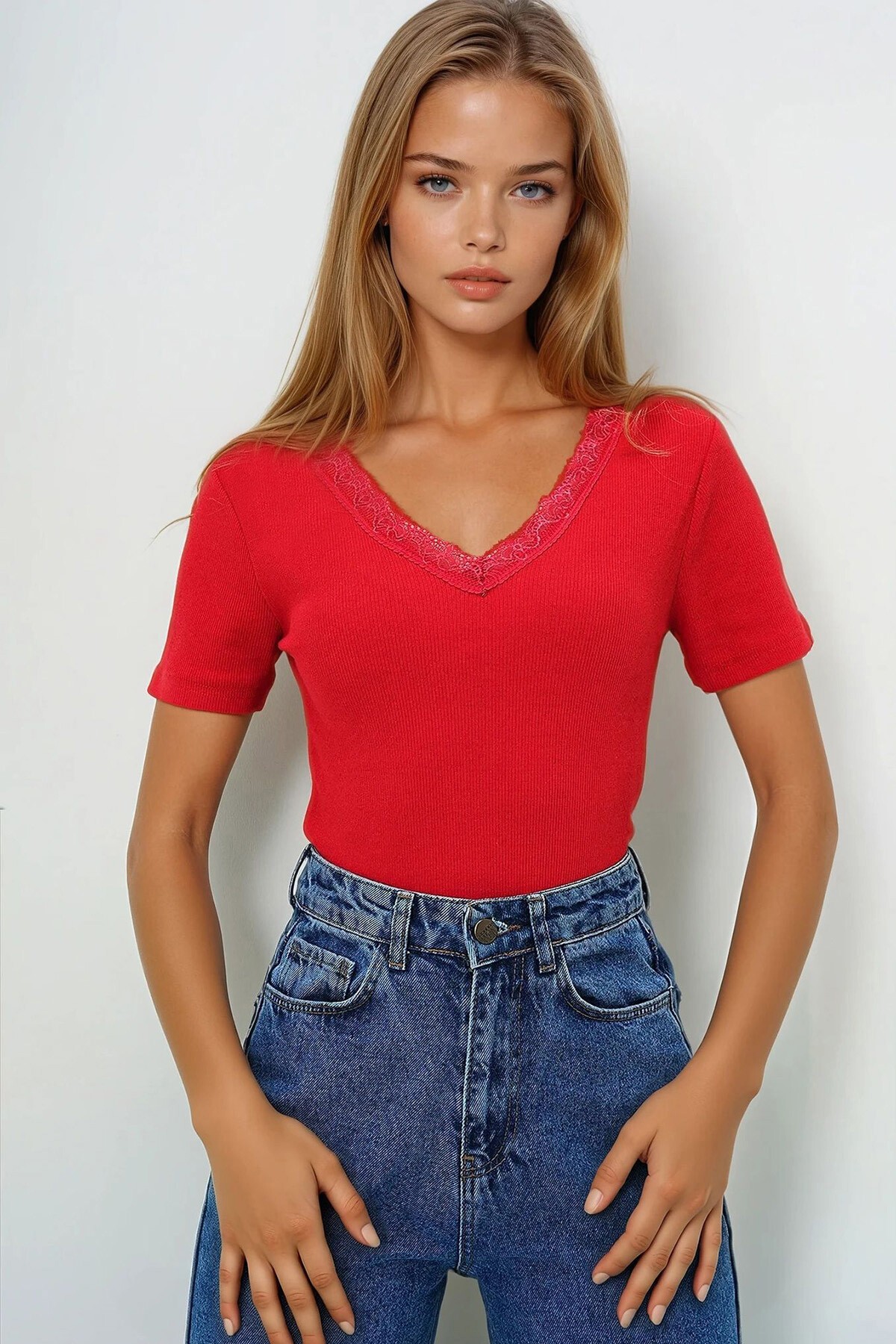 Kırmızı Ön Arka V Yaka Dantel Detaylı Kısa Kol Bluz