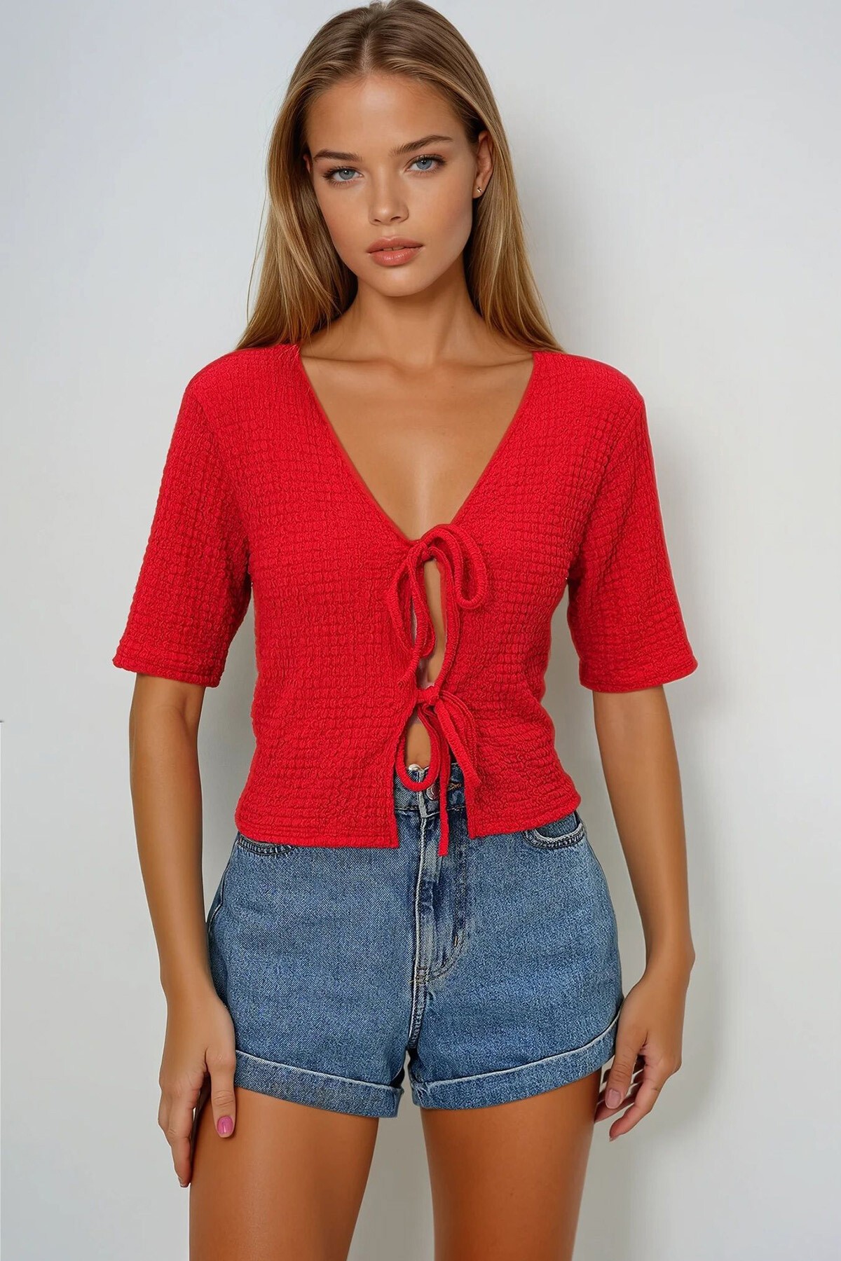 Kırmızı Önden Bağlamalı Kısa Kol Gofre Yazlık Bluz