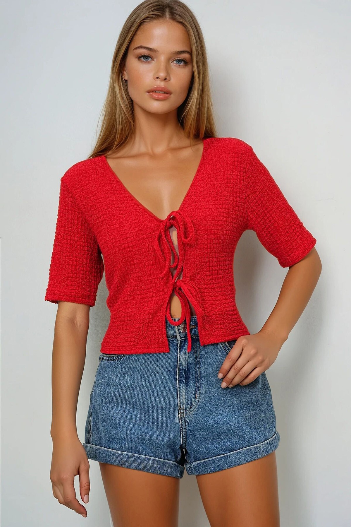 Kırmızı Önden Bağlamalı Kısa Kol Gofre Yazlık Bluz