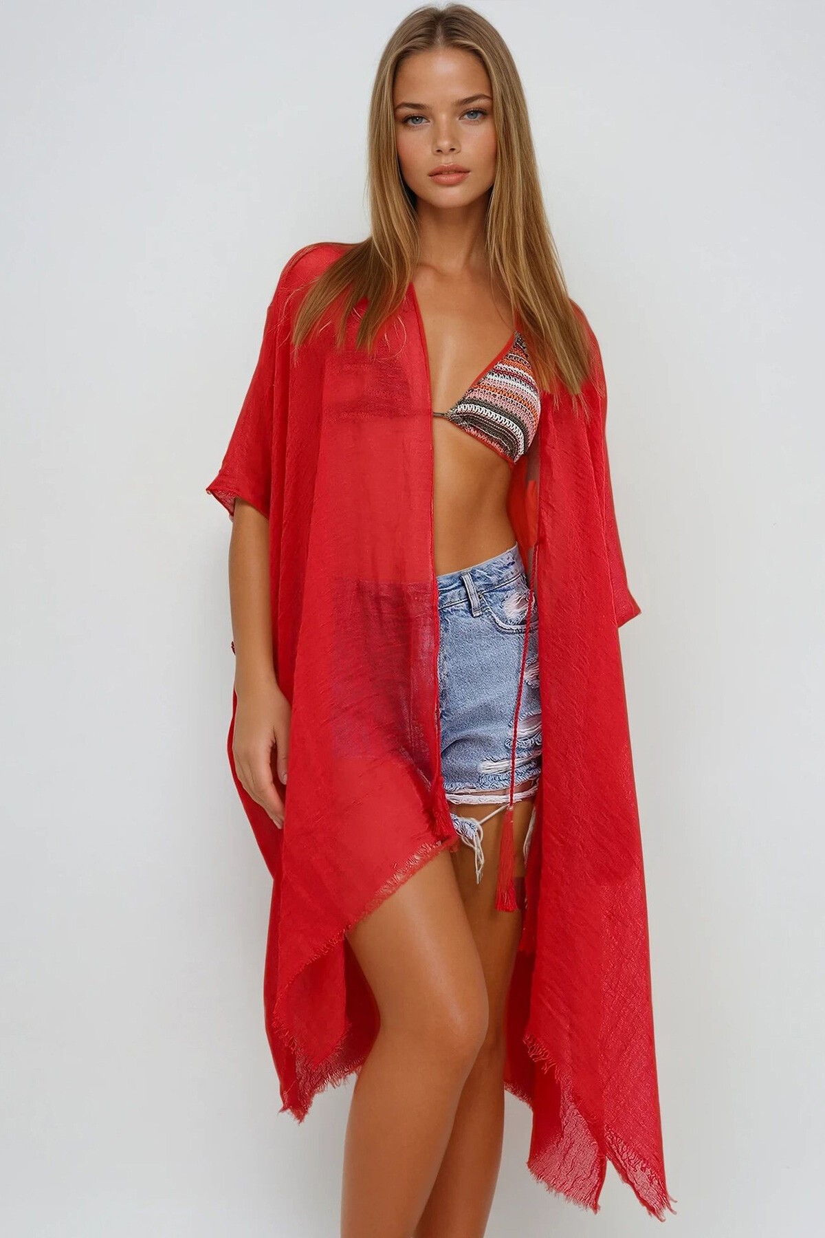 Kırmızı Püskül Detaylı Kimono