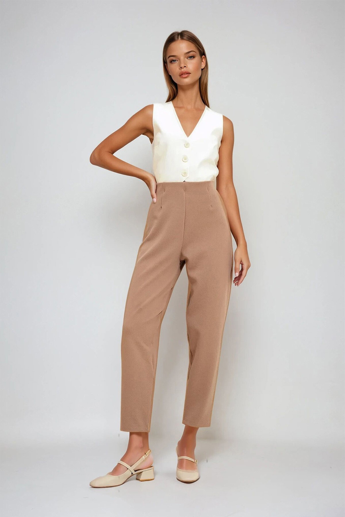 Koyu Bej Yüksek Bel Pensli Dökümlü Krep Örme Pantolon