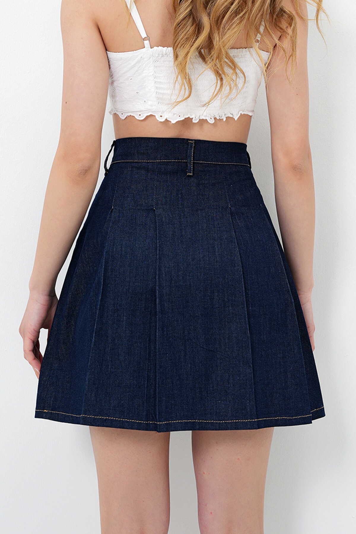 Koyu Lacivert Pile Detaylı Mini Jean Etek