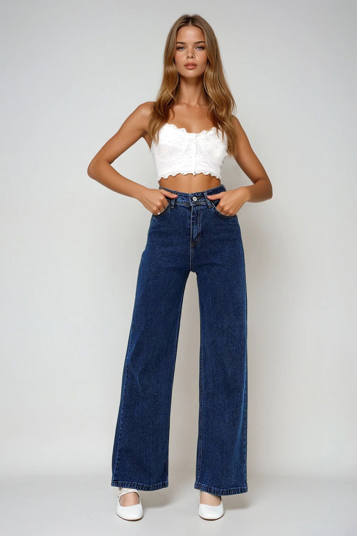 Koyu Mavi Yüksek Bel Geniş Paça Palazzo Jean Pantolon