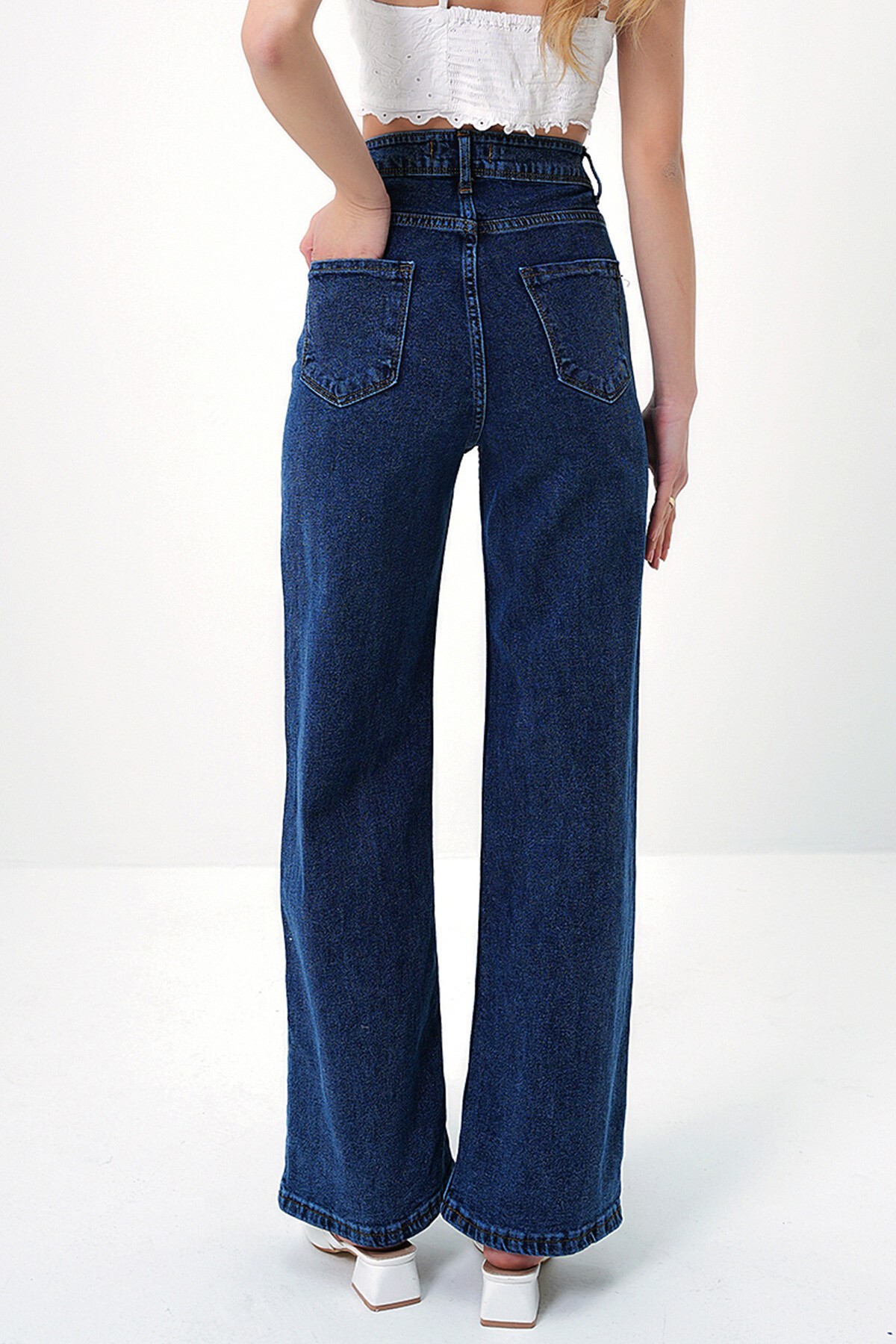 Koyu Mavi Yüksek Bel Geniş Paça Palazzo Jean Pantolon