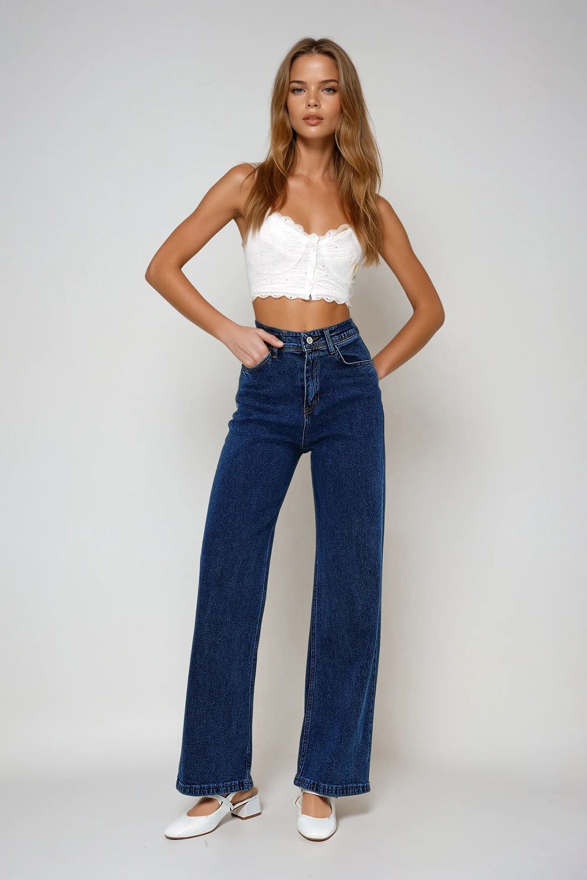 Koyu Mavi Yüksek Bel Geniş Paça Palazzo Jean Pantolon