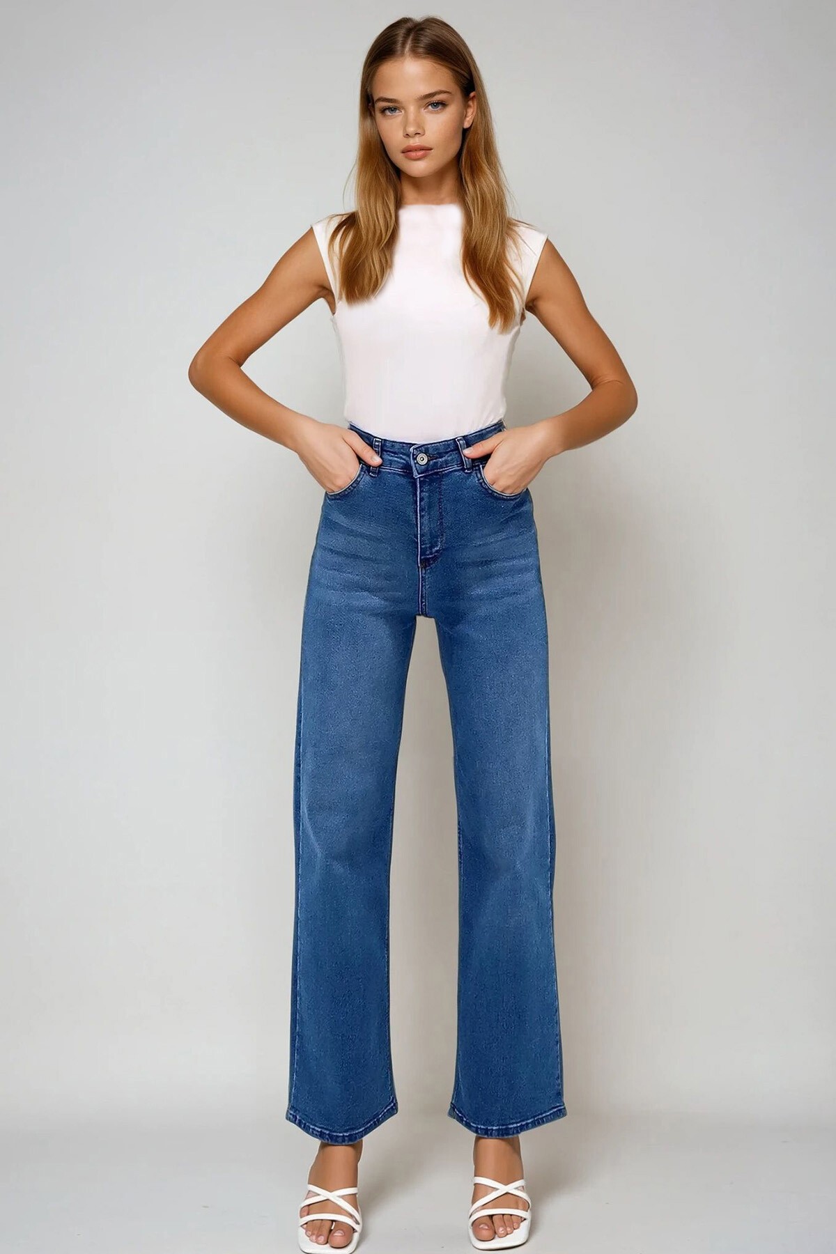 Koyu Mavi Yüksek Bel Yıkamalı Wide Leg Jean Pantolon