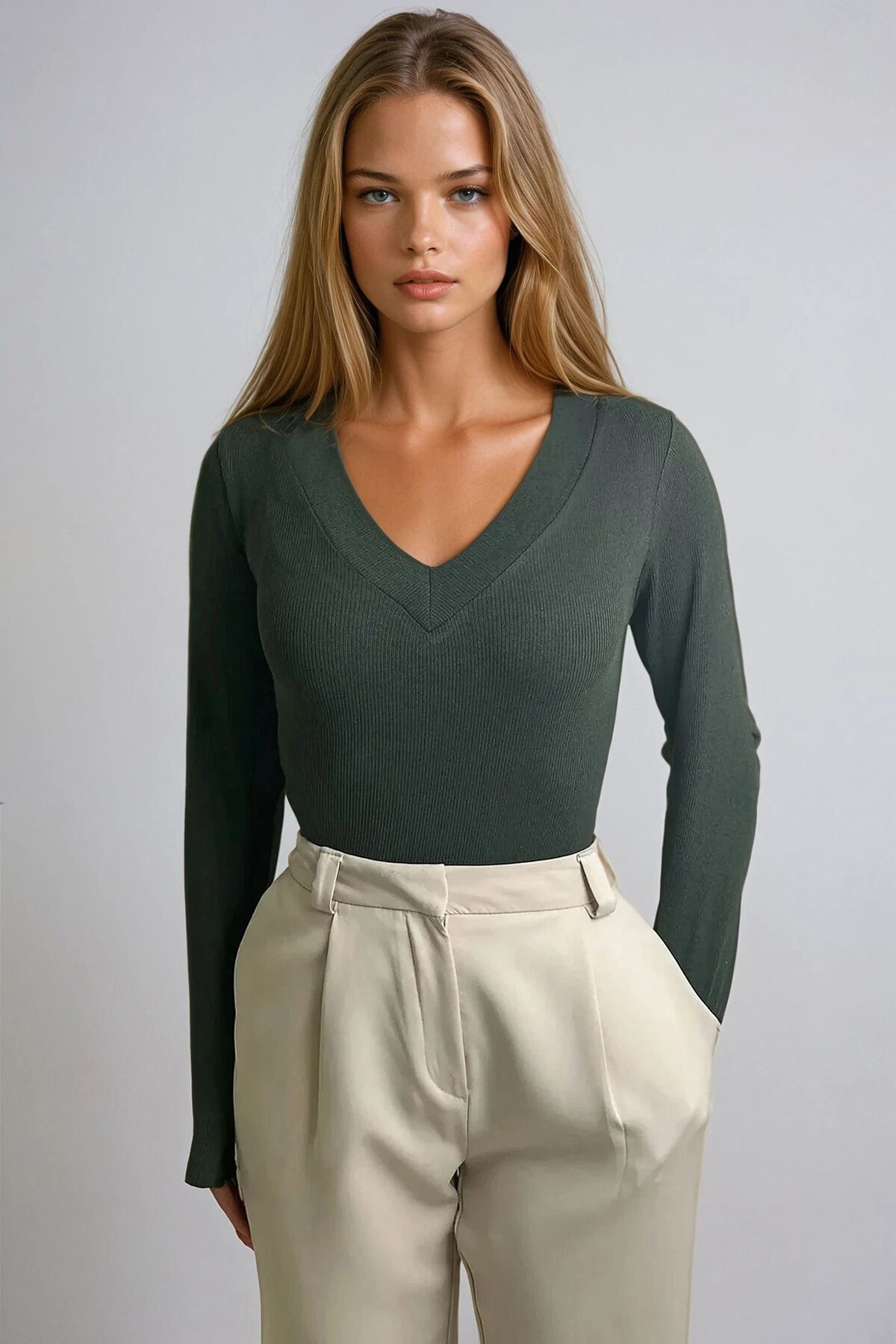 Koyu Yeşil Önü Ve Arkası V Yaka Fitilli Örme Bluz