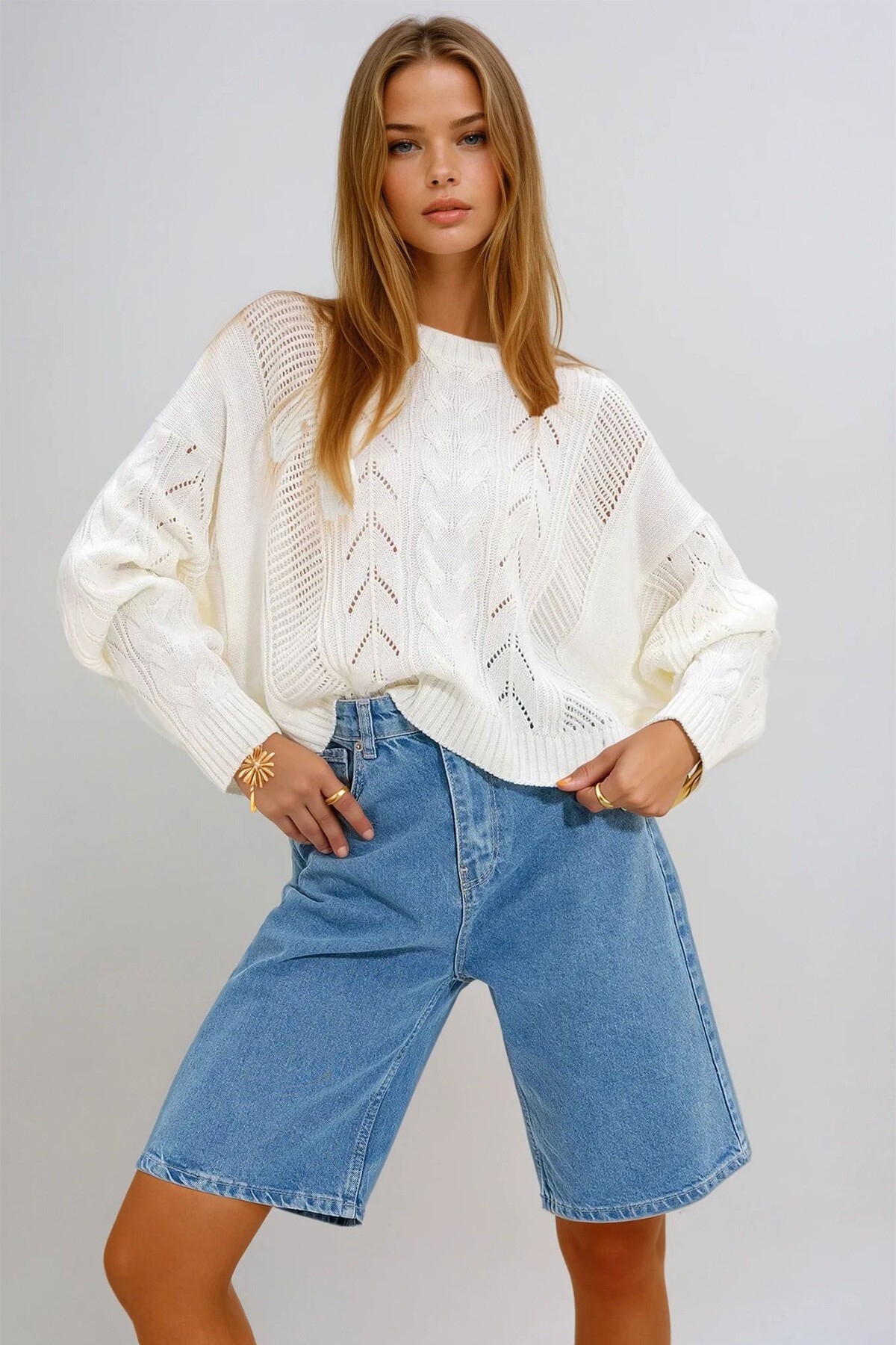 Krem Bisiklet Yaka Örgü Desenli Triko Kazak