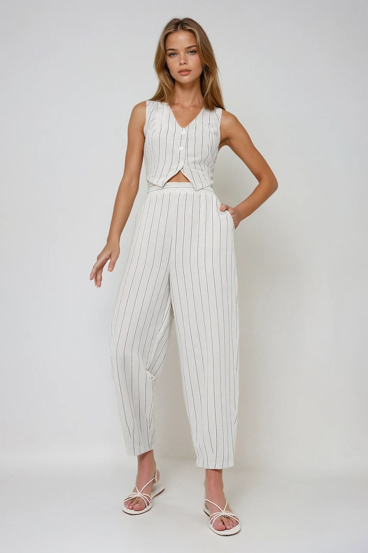Krem Keten Çizgili Yelek Pantolon Takım