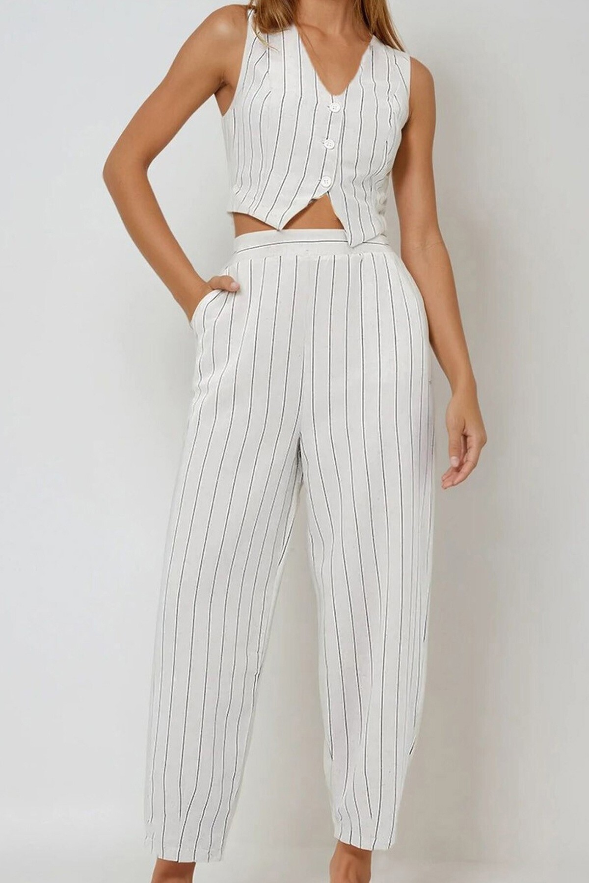 Krem Keten Çizgili Yelek Pantolon Takım