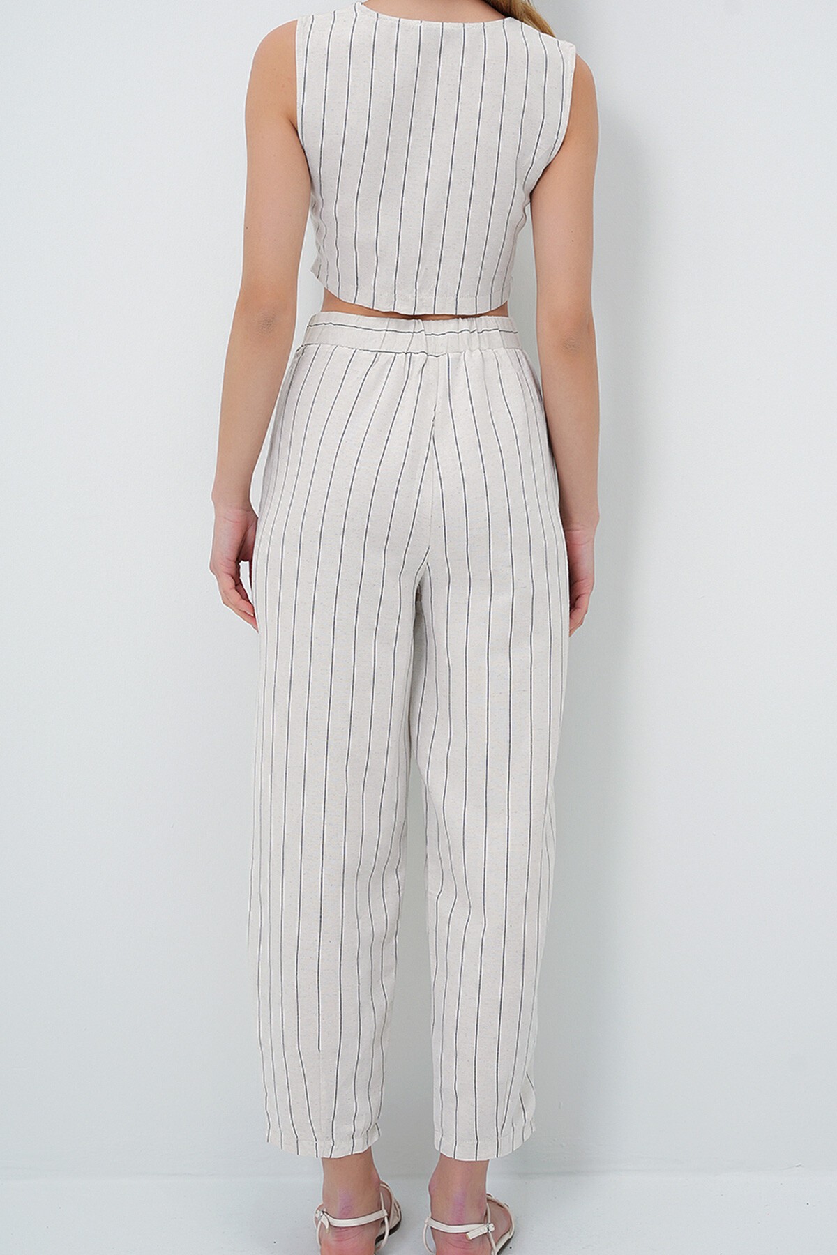 Krem Keten Çizgili Yelek Pantolon Takım