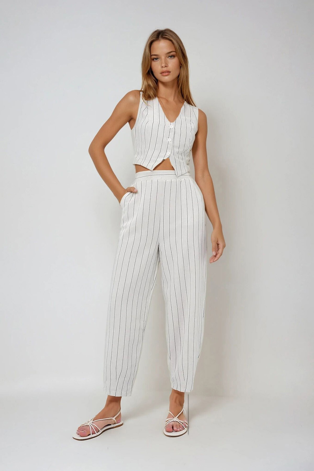 Krem Keten Çizgili Yelek Pantolon Takım