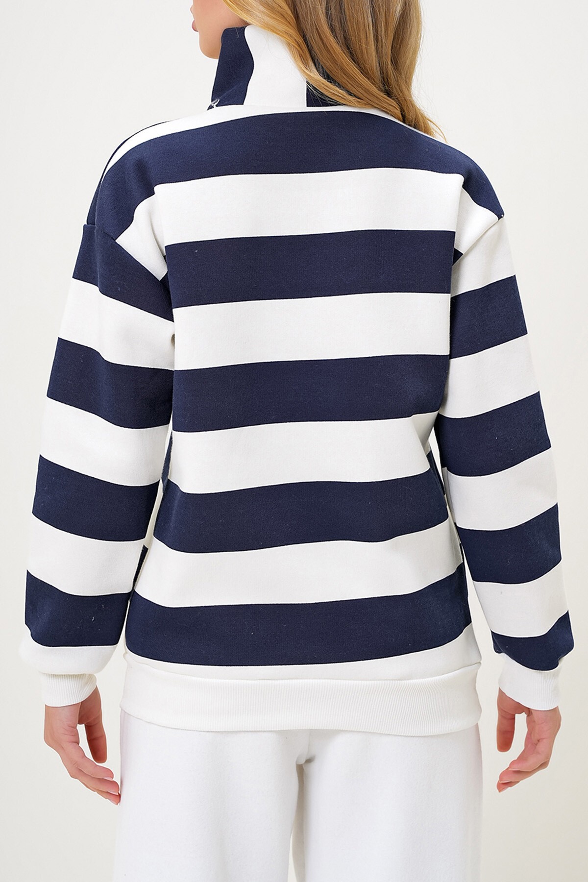Lacivert Balıkçı Yaka Önü Fermuarlı Çizgili Üç İplik İçi Şardonlu Kışlık Sweatshırt