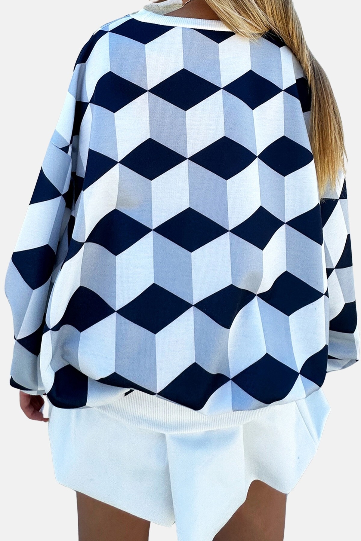 Lacivert Beyaz Bisiklet Yaka Dijital Baskılı Sweatshirt