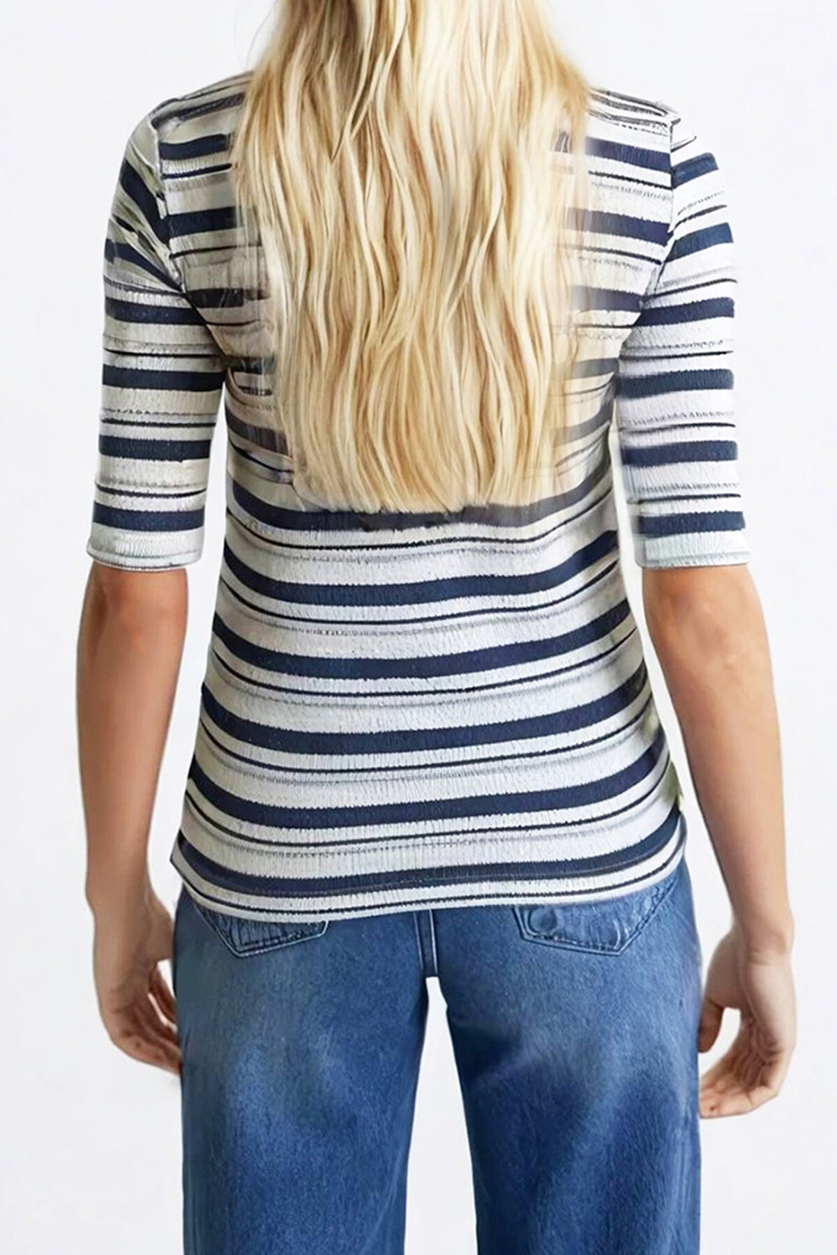 Lacivert Beyaz Yarım Balıkçı Yaka Yarım Kol Triko Bluz