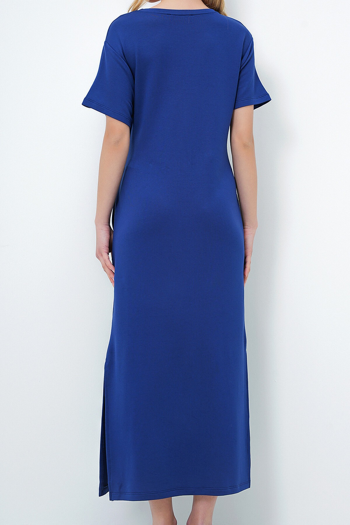 Lacivert Bisiklet Yaka Beli Bağlama Detaylı Kısa Kol Yırtmaçlı Yazlık Örme Elbise