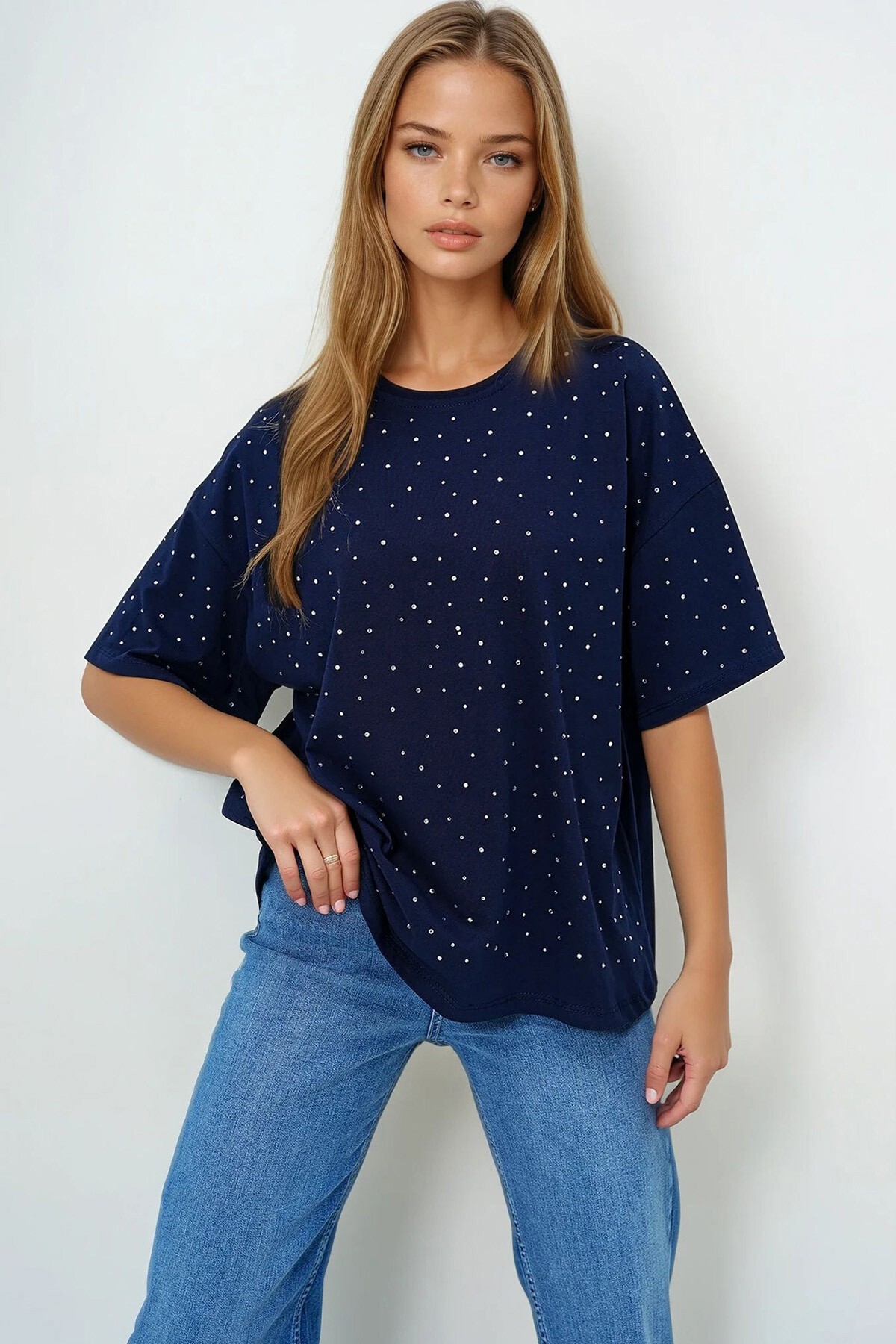 Lacivert Bisiklet Yaka Taş İşlemeli Basic T Shırt