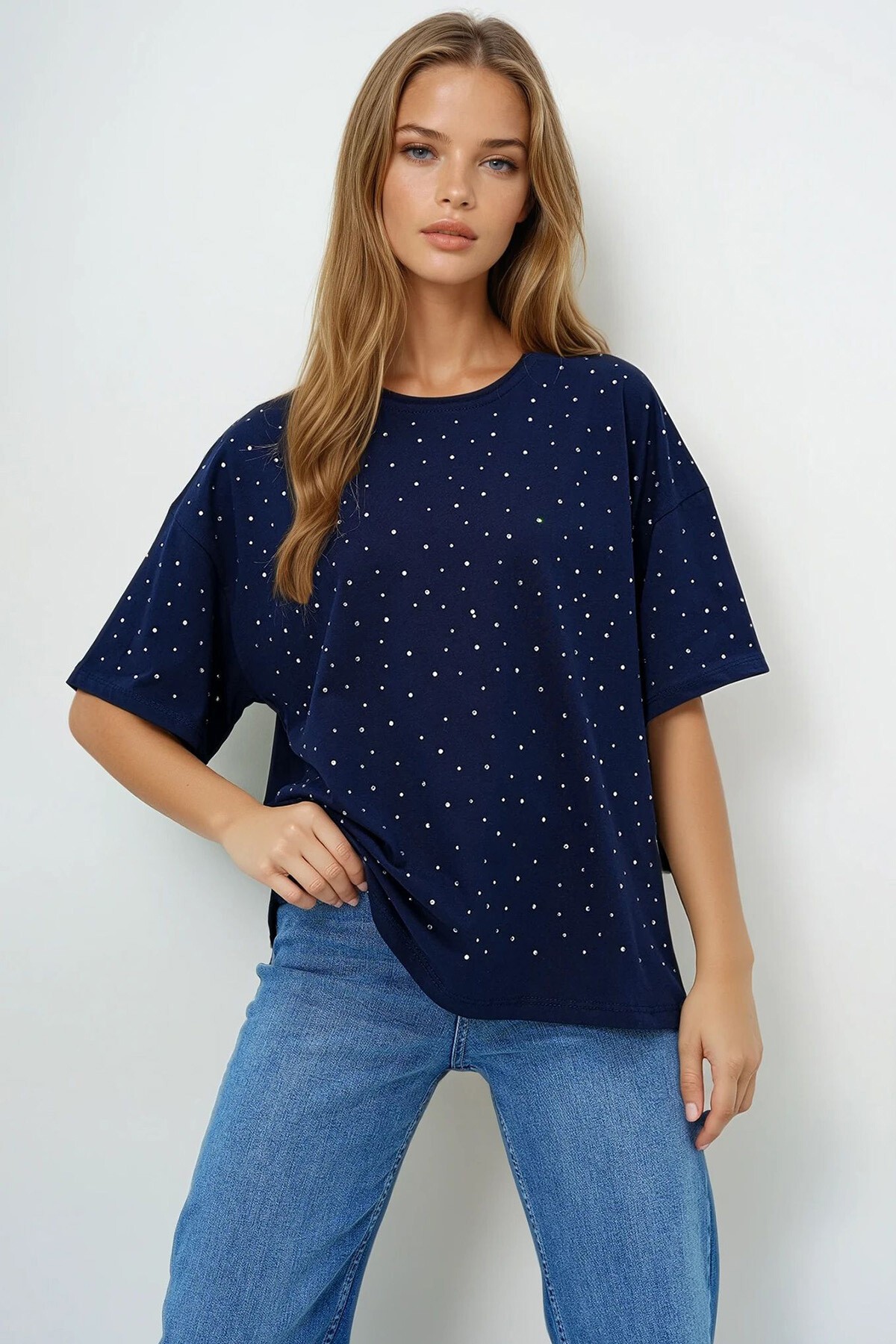 Lacivert Bisiklet Yaka Taş İşlemeli Basic T Shırt