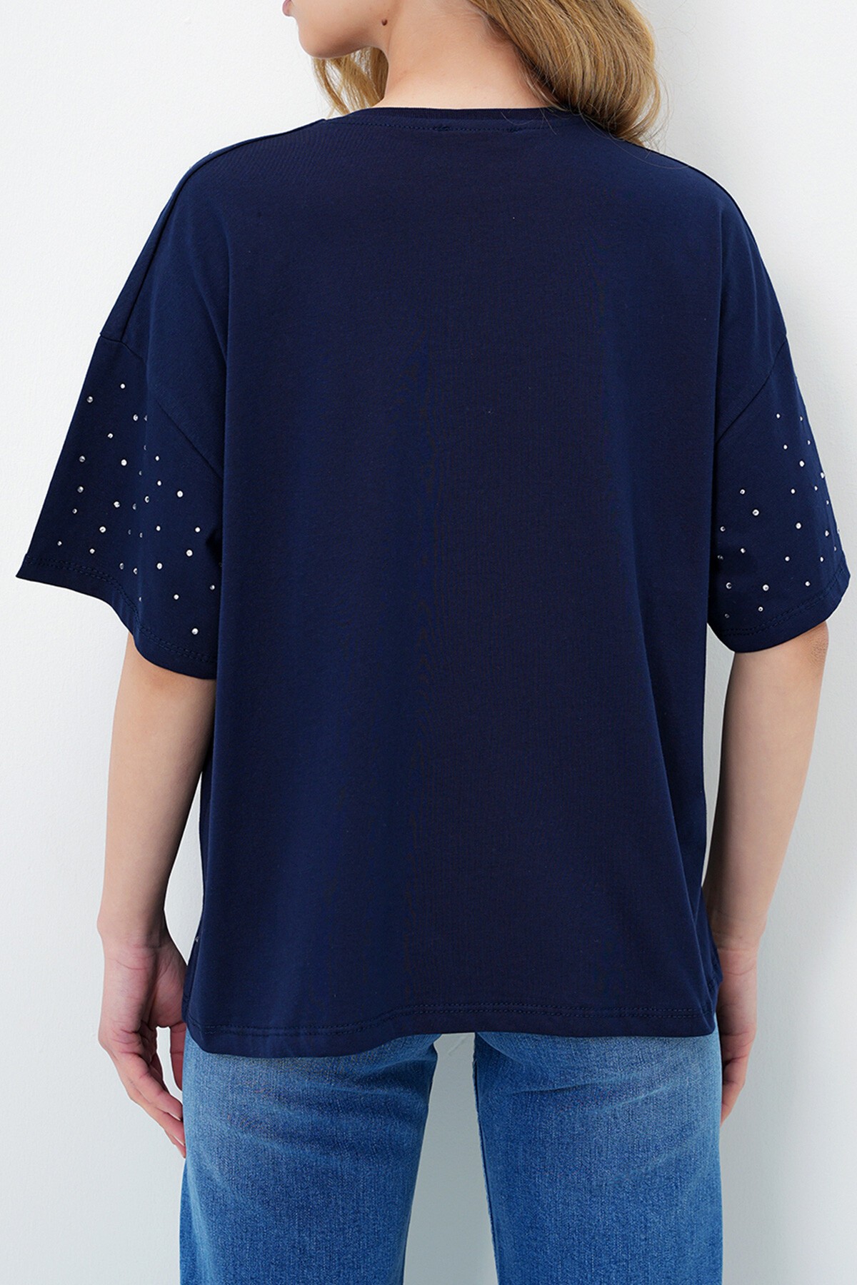 Lacivert Bisiklet Yaka Taş İşlemeli Basic T Shırt