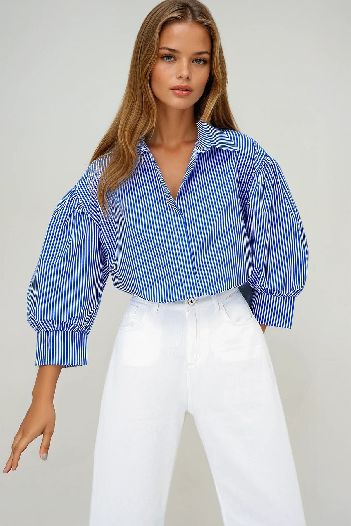 Lacivert Çizgili Balon Kol Gizli Patlı Basic Poplin Gömlek