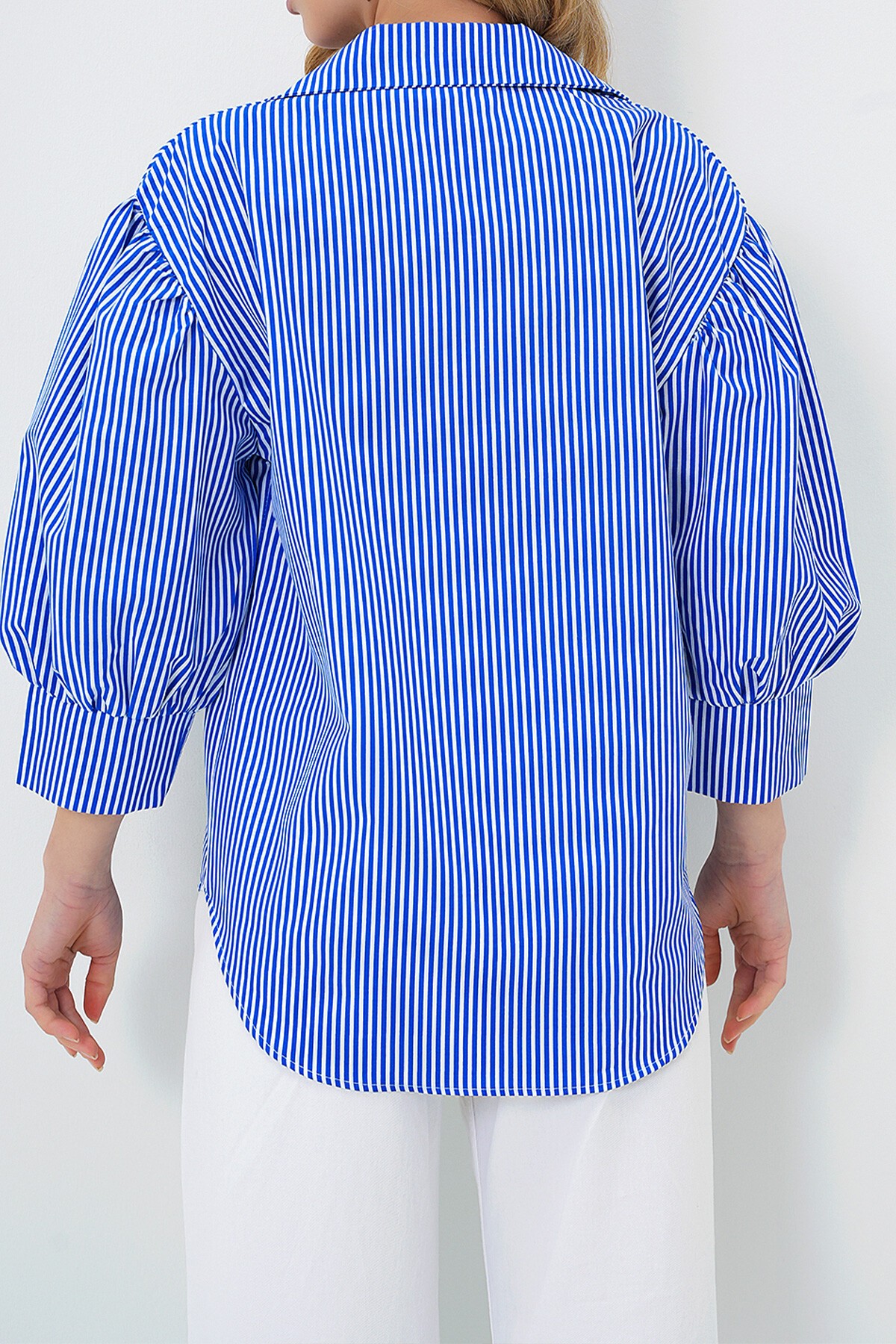 Lacivert Çizgili Balon Kol Gizli Patlı Basic Poplin Gömlek