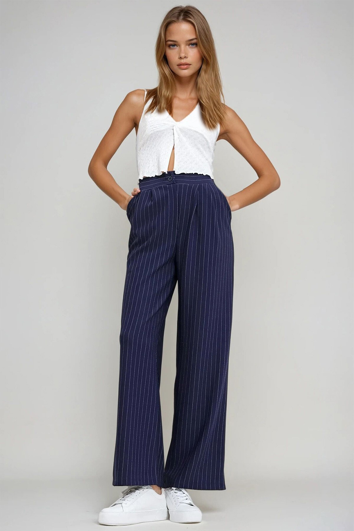 Lacivert Çizgili Çift Cepli Palazzo Örme Pantolon