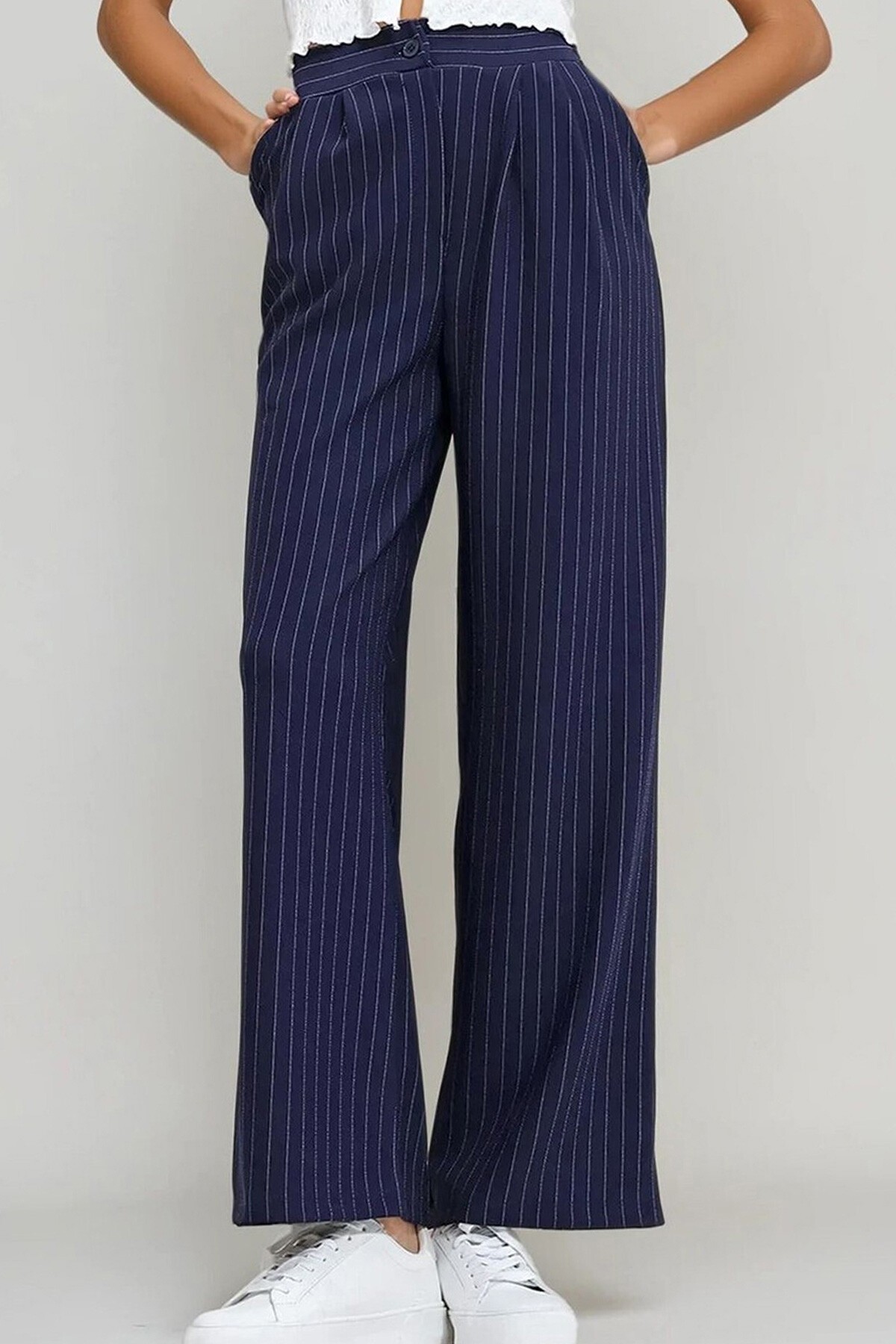 Lacivert Çizgili Çift Cepli Palazzo Örme Pantolon