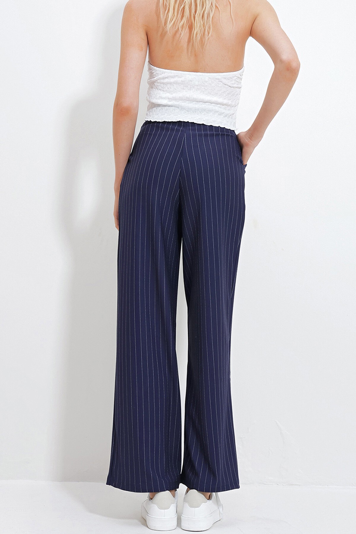 Lacivert Çizgili Çift Cepli Palazzo Örme Pantolon