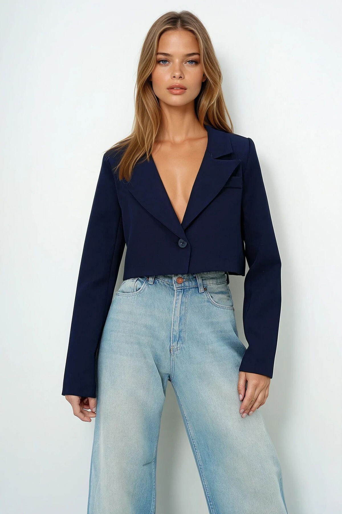 Lacivert Düğmeli Crop Ceket