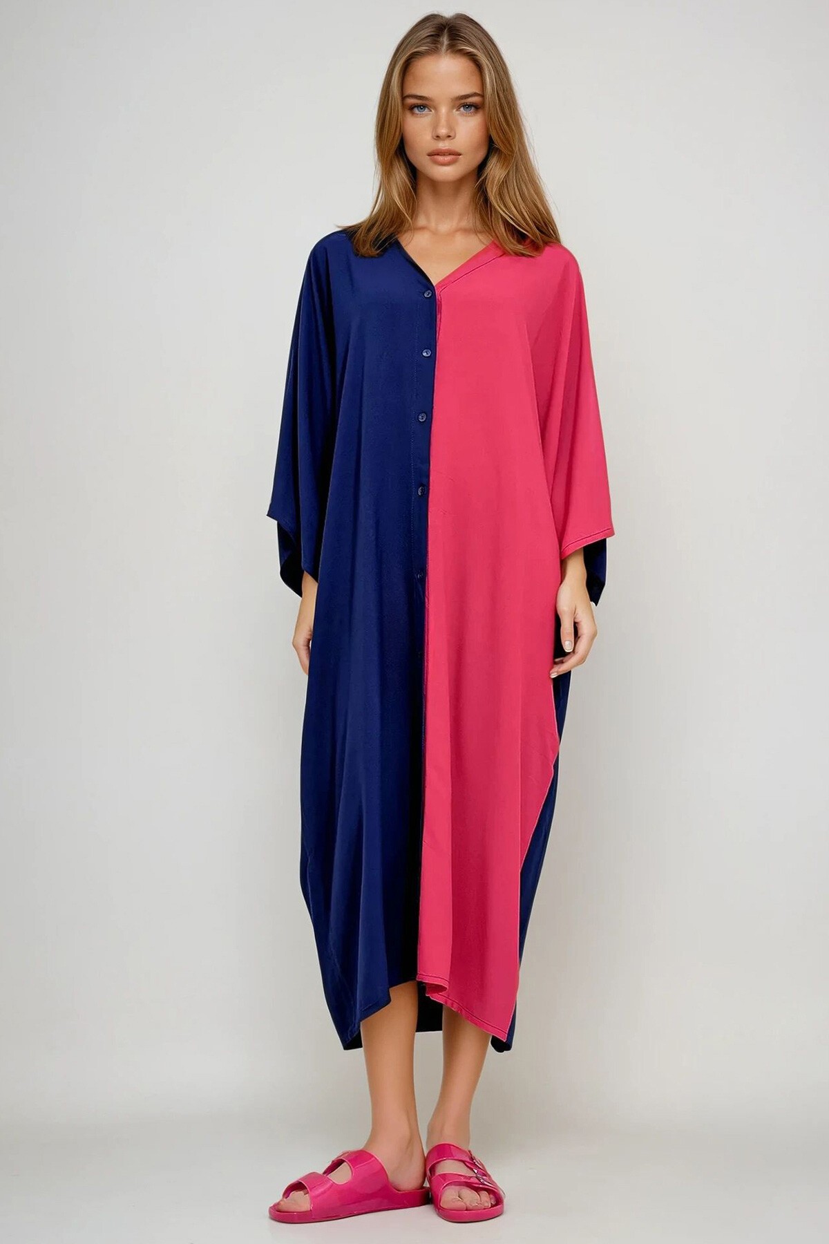 Lacivert Fuşya V Yaka Önü Düğmeli Renk Bloklu Sırtı Nakışlı Dokuma Viskon Elbise