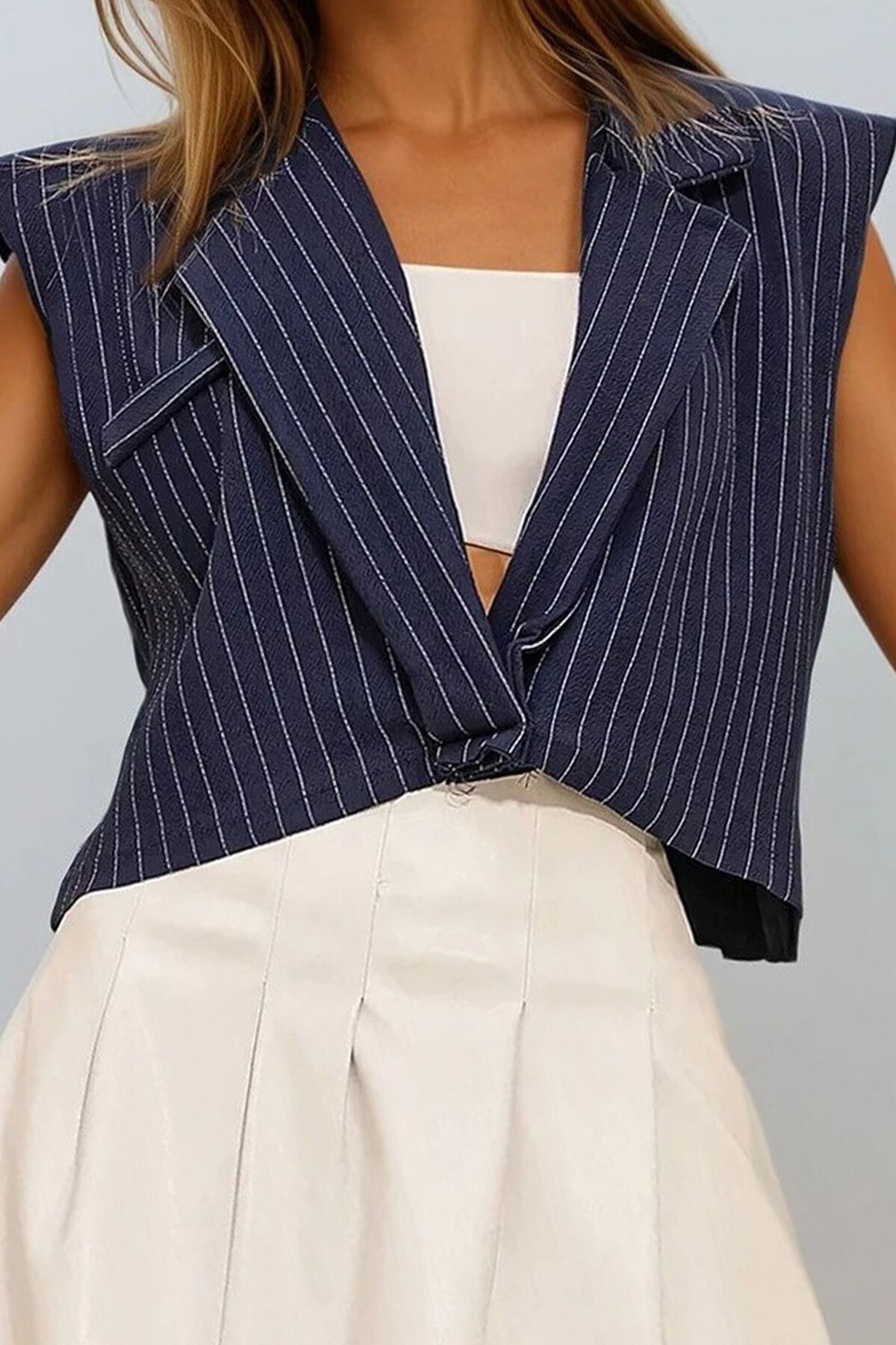 Lacivert Gömlek Yaka Fileto Çizgili Bluz