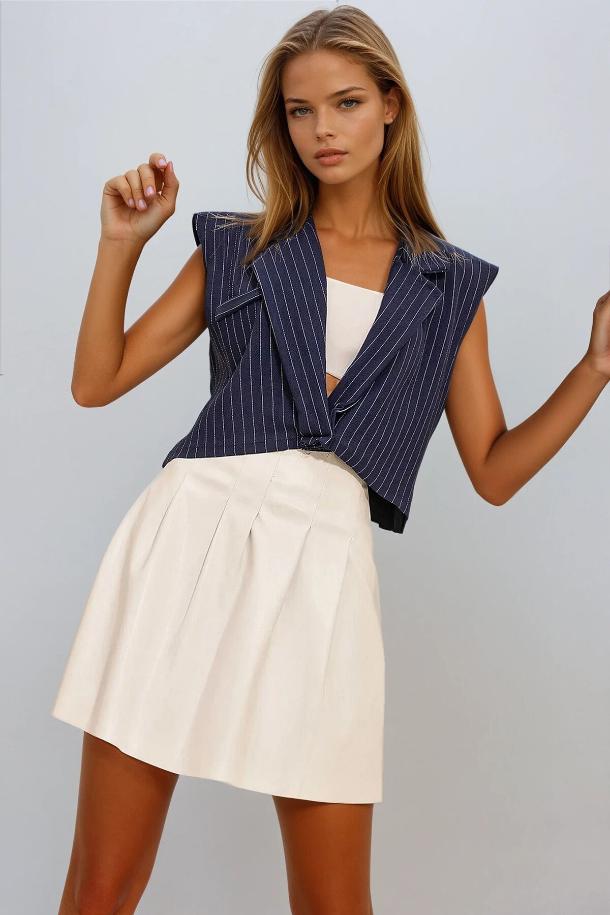 Lacivert Gömlek Yaka Fileto Çizgili Bluz