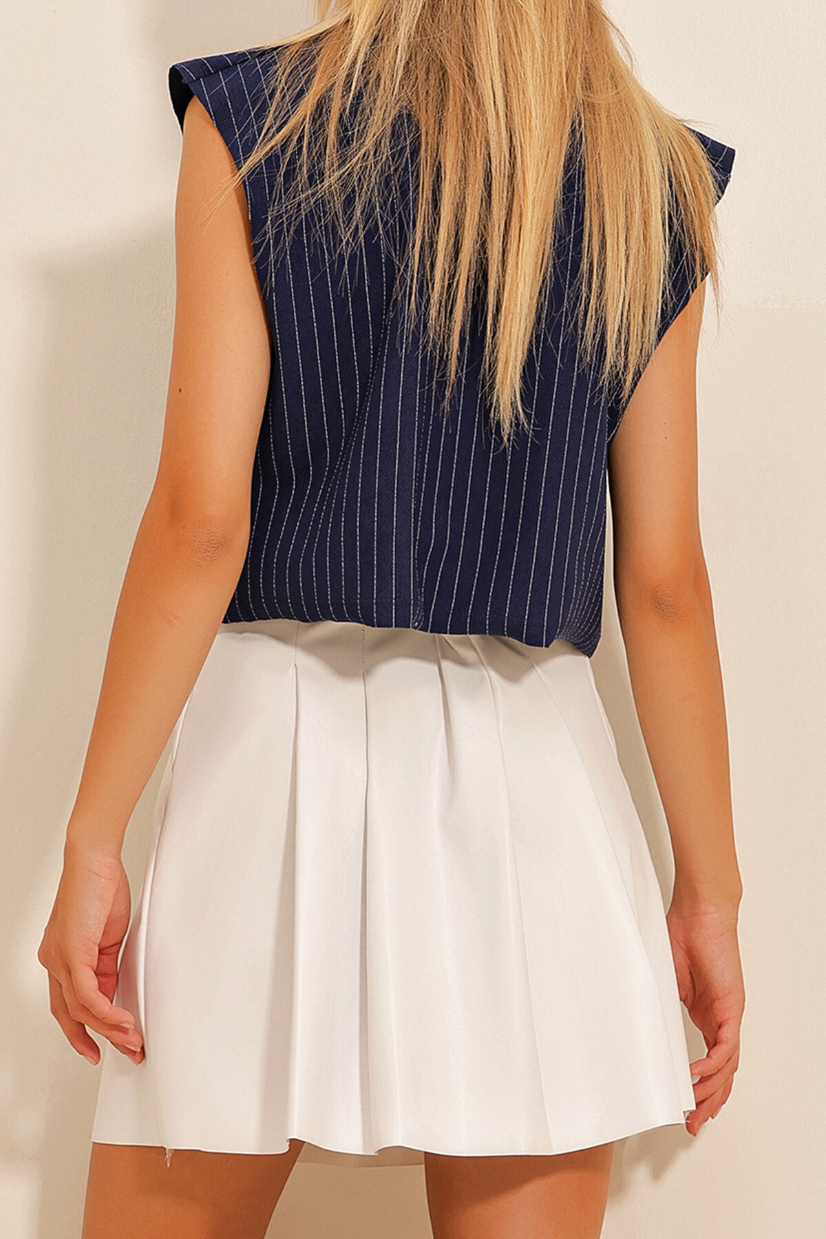 Lacivert Gömlek Yaka Fileto Çizgili Bluz