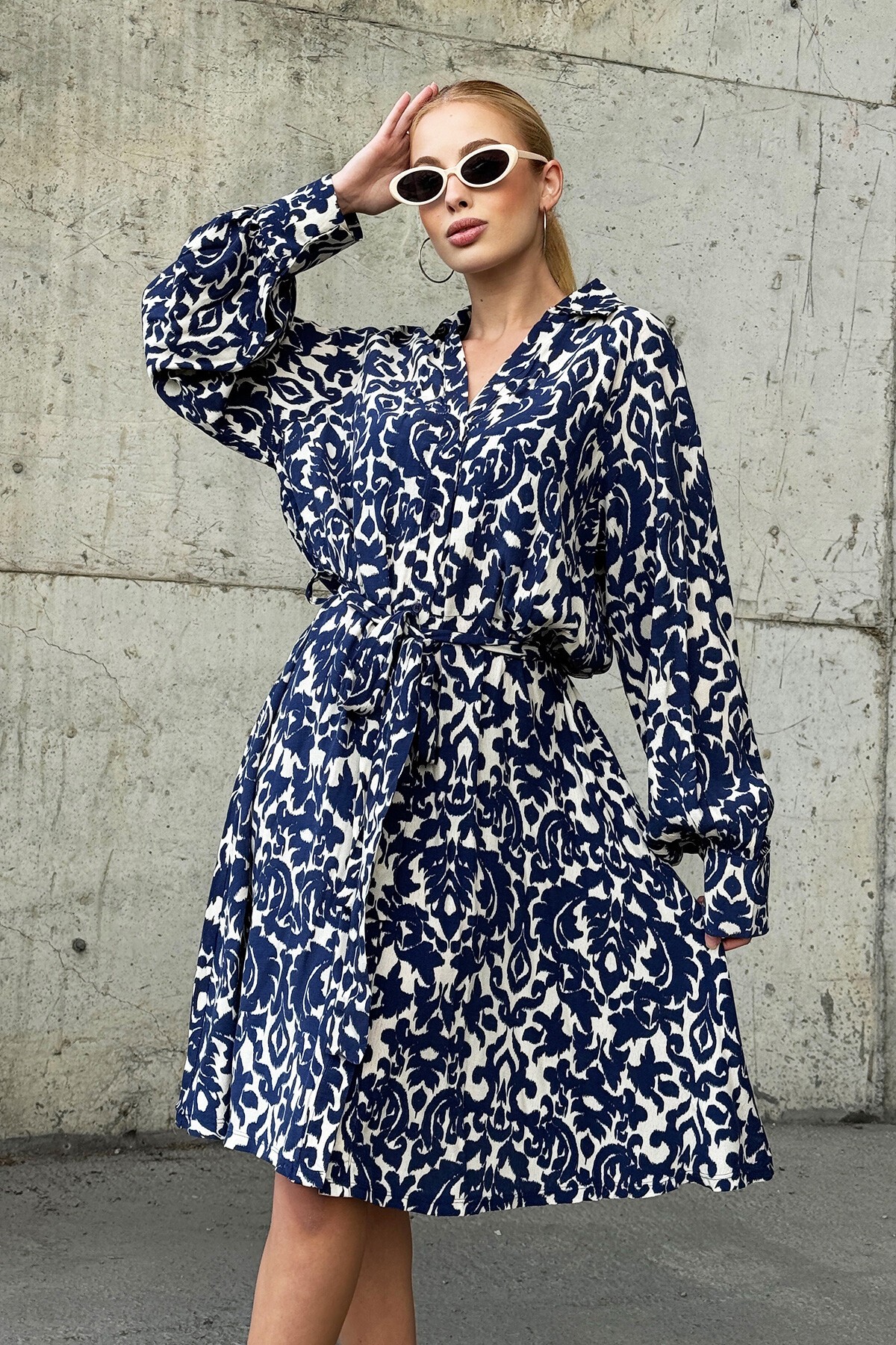 Lacivert Gömlek Yaka Önü Düğmeli Kuşak Detaylı Dokuma Elbise