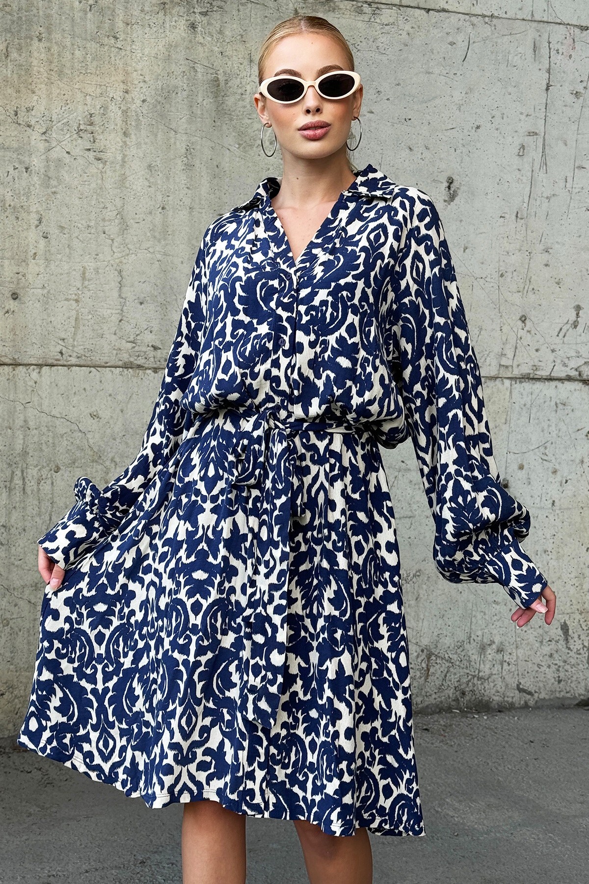 Lacivert Gömlek Yaka Önü Düğmeli Kuşak Detaylı Dokuma Elbise