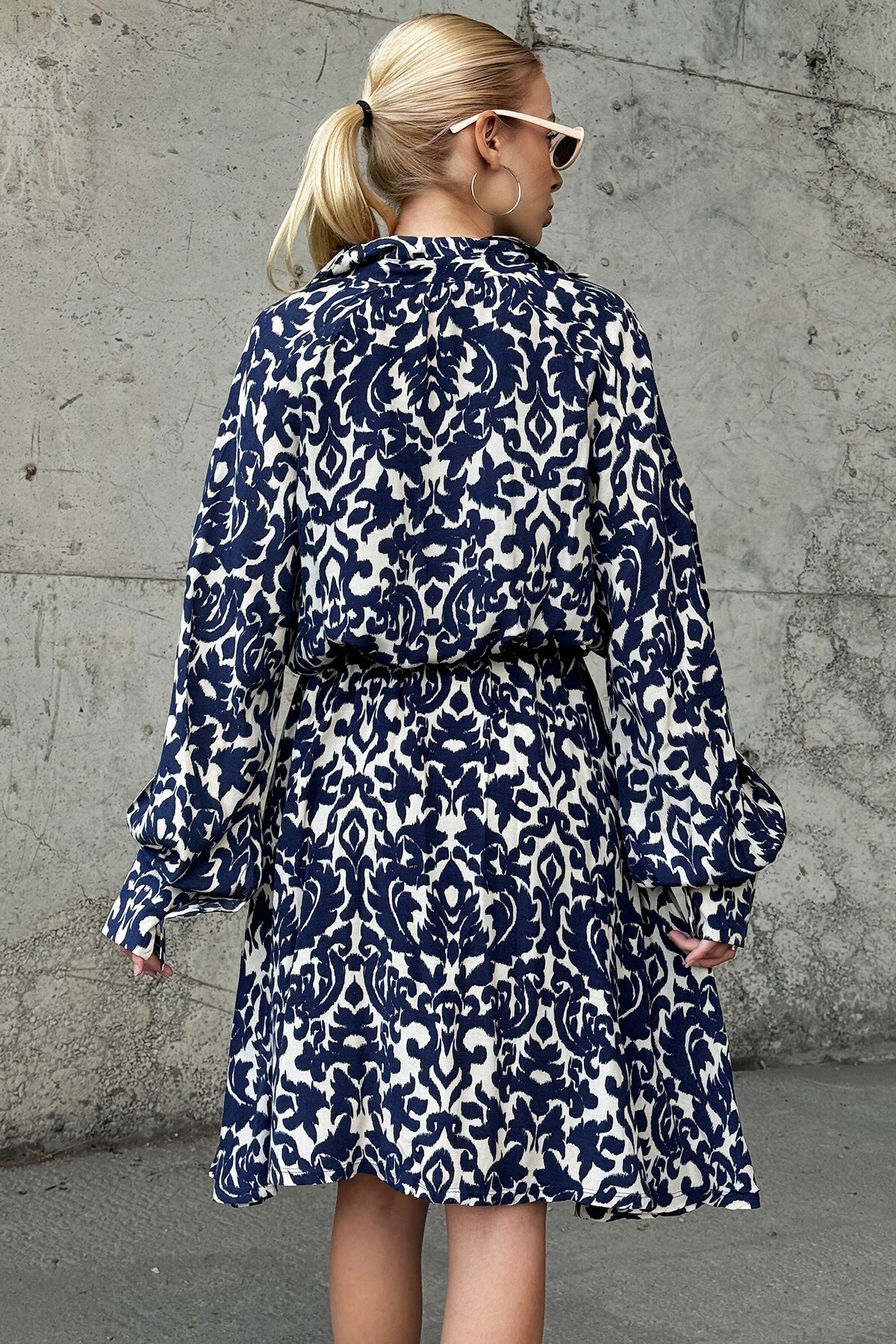 Lacivert Gömlek Yaka Önü Düğmeli Kuşak Detaylı Dokuma Elbise