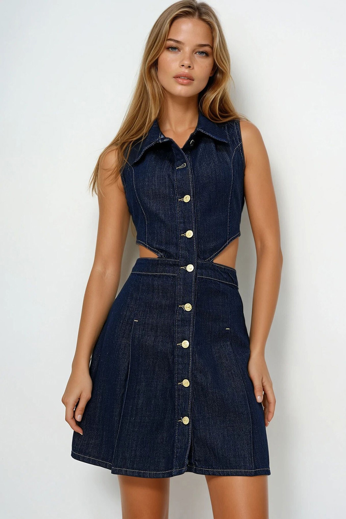 Lacivert Gömlek Yaka Sıfır Kol Cut Out Jean Elbise
