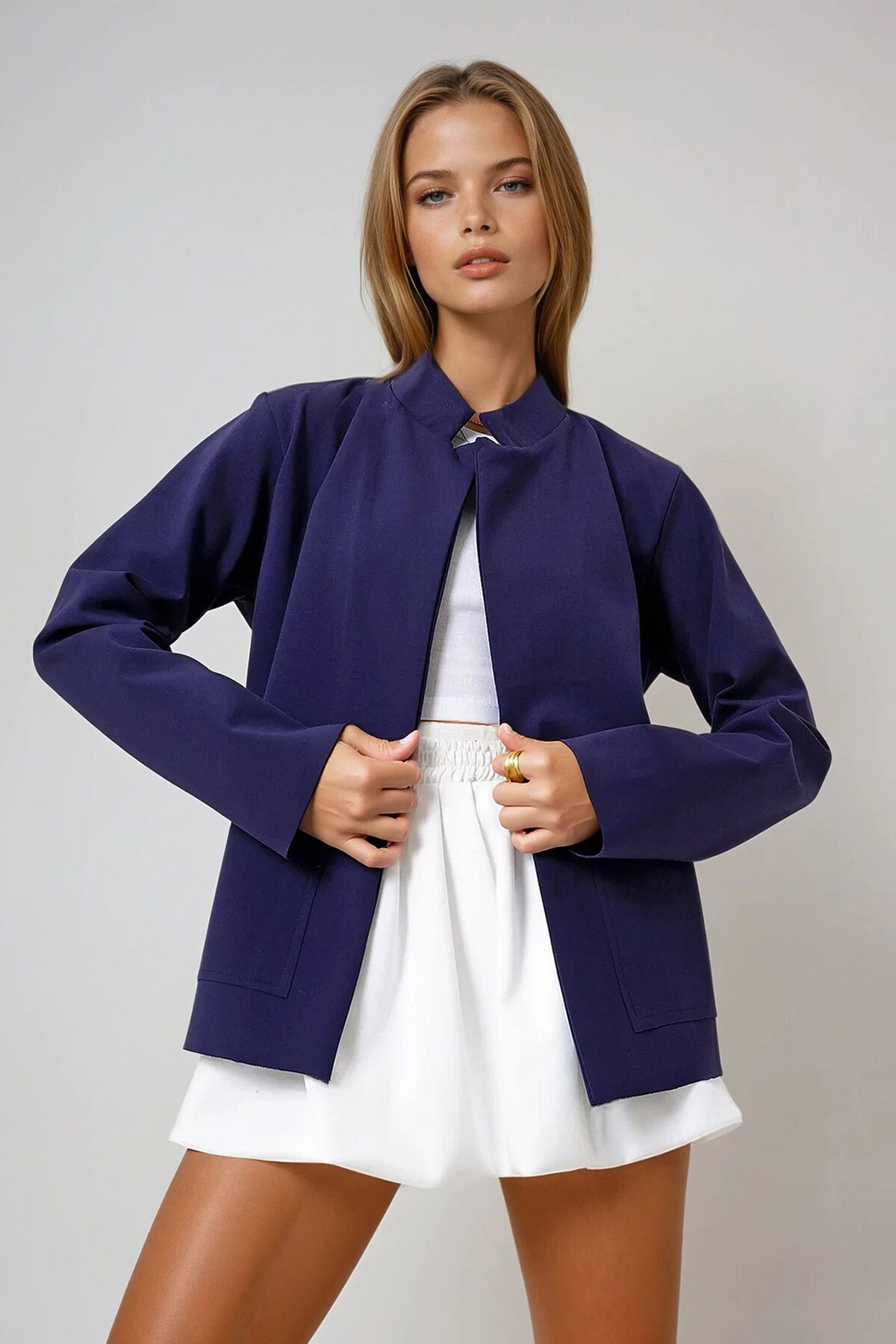 Lacivert Hakim Yaka Çift Cepli Dalgıç Kumaş Mevsimlik Ceket