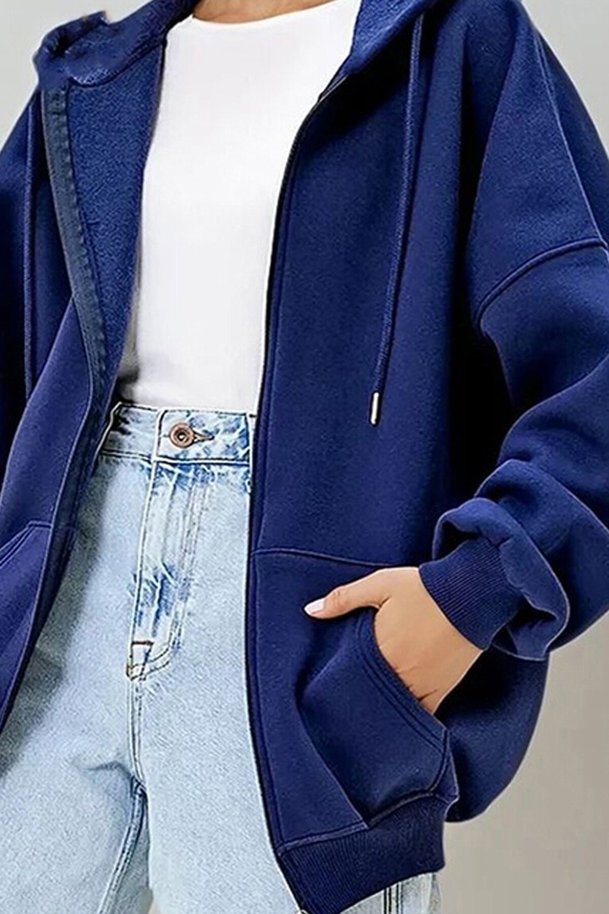 Lacivert Kapüşonlu Kanguru Cepli İçi Şardonlu Fermuarlı Sweatshırt