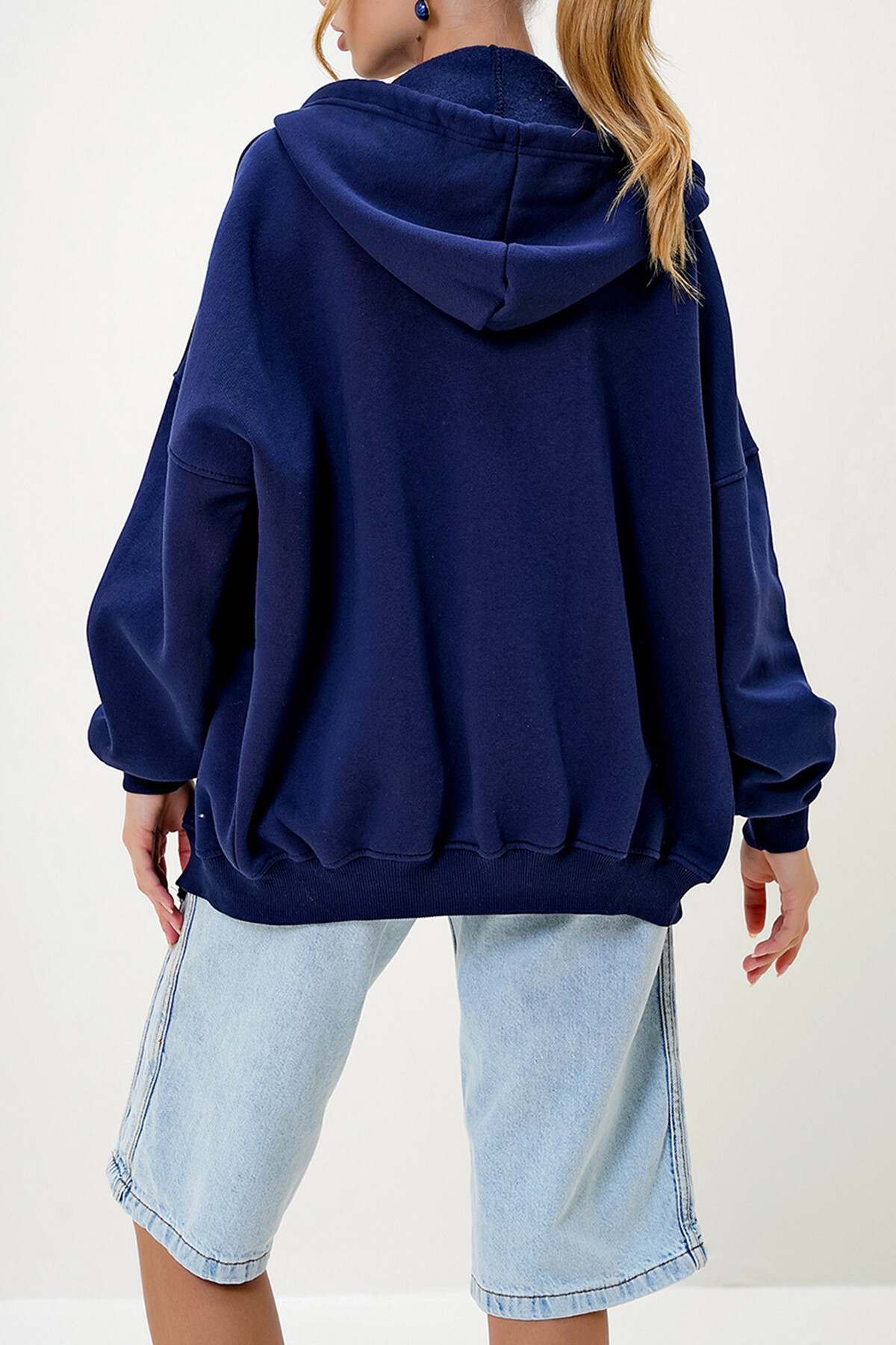 Lacivert Kapüşonlu Kanguru Cepli İçi Şardonlu Fermuarlı Sweatshırt