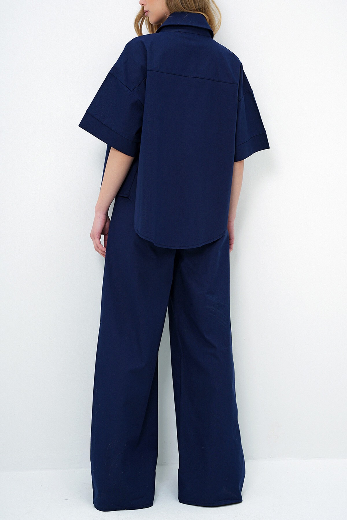 Lacivert Keten Gömlek Ve Palazzo Pantolon Takım