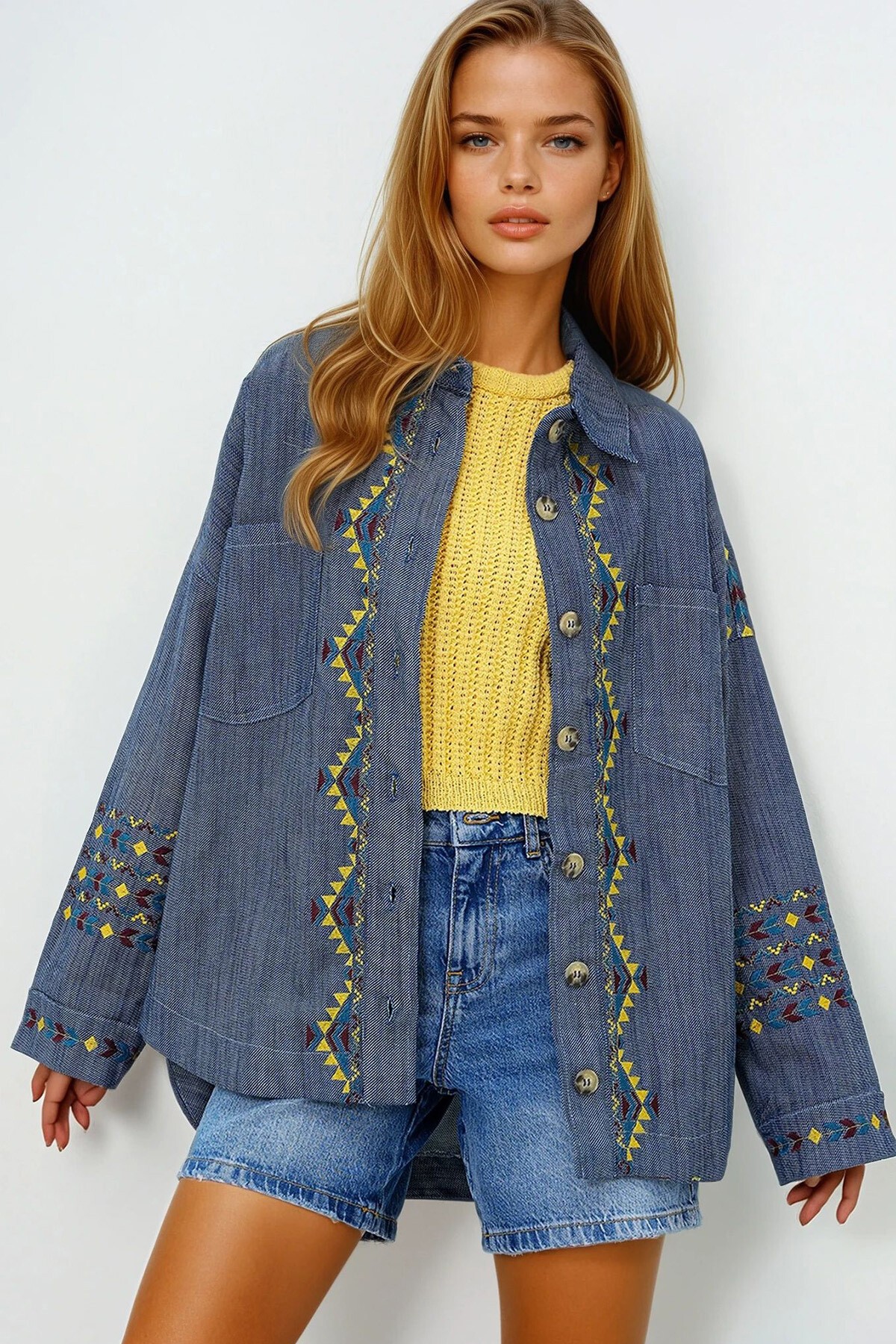 Lacivert Nakış İşlemeli Gabardin Oversize Gömlek Ceket