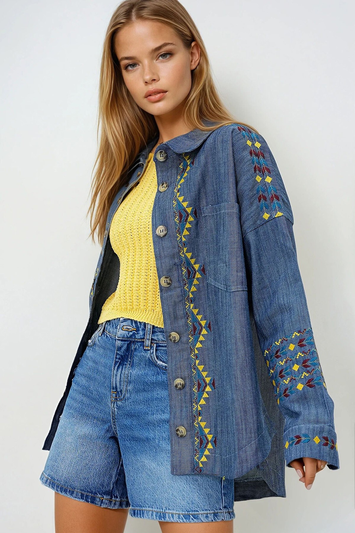 Lacivert Nakış İşlemeli Gabardin Oversize Gömlek Ceket