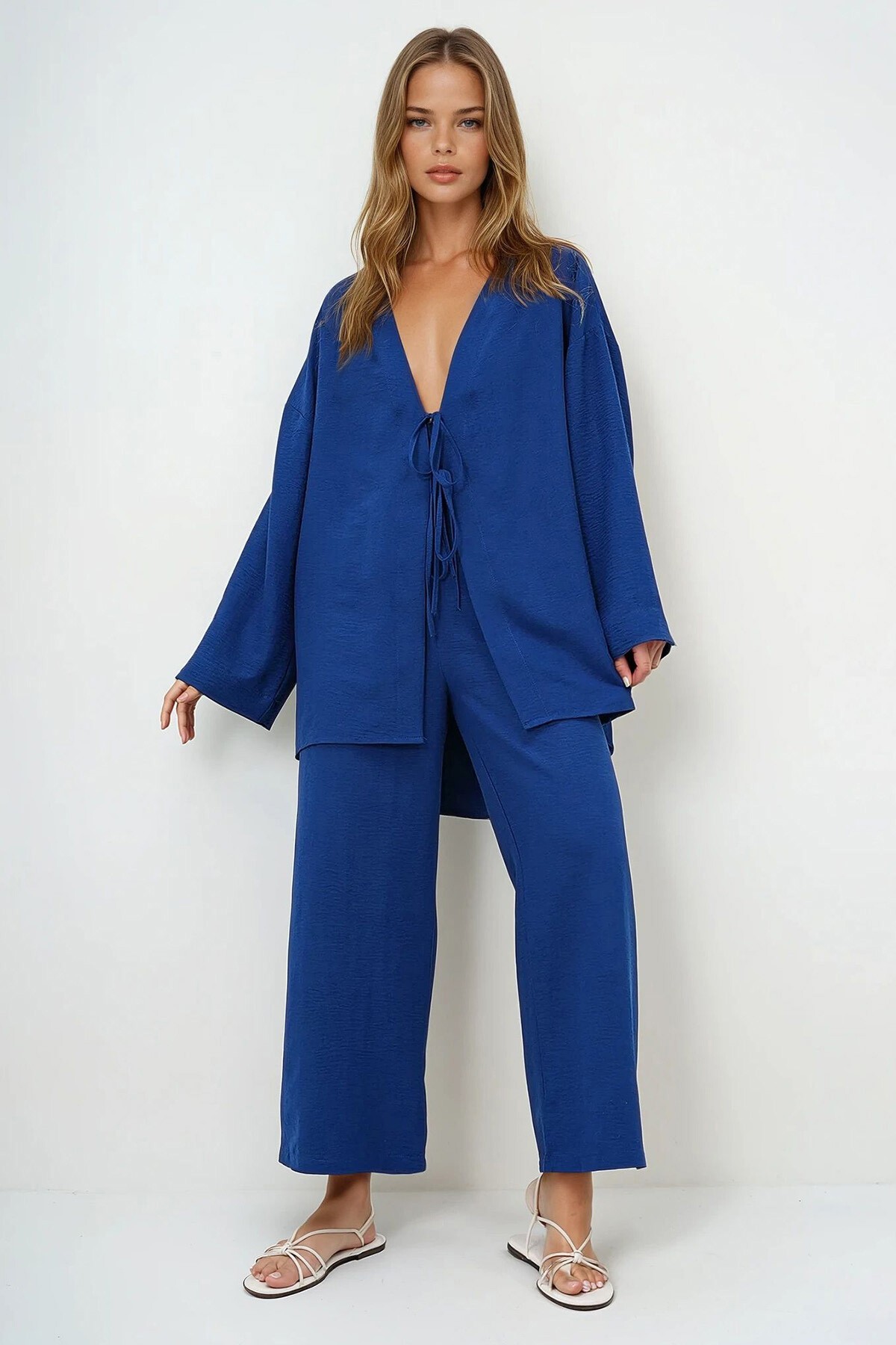 Lacivert Önü Bağcıklı Kimono Ceket Ve Palazzo Pantolon Takım