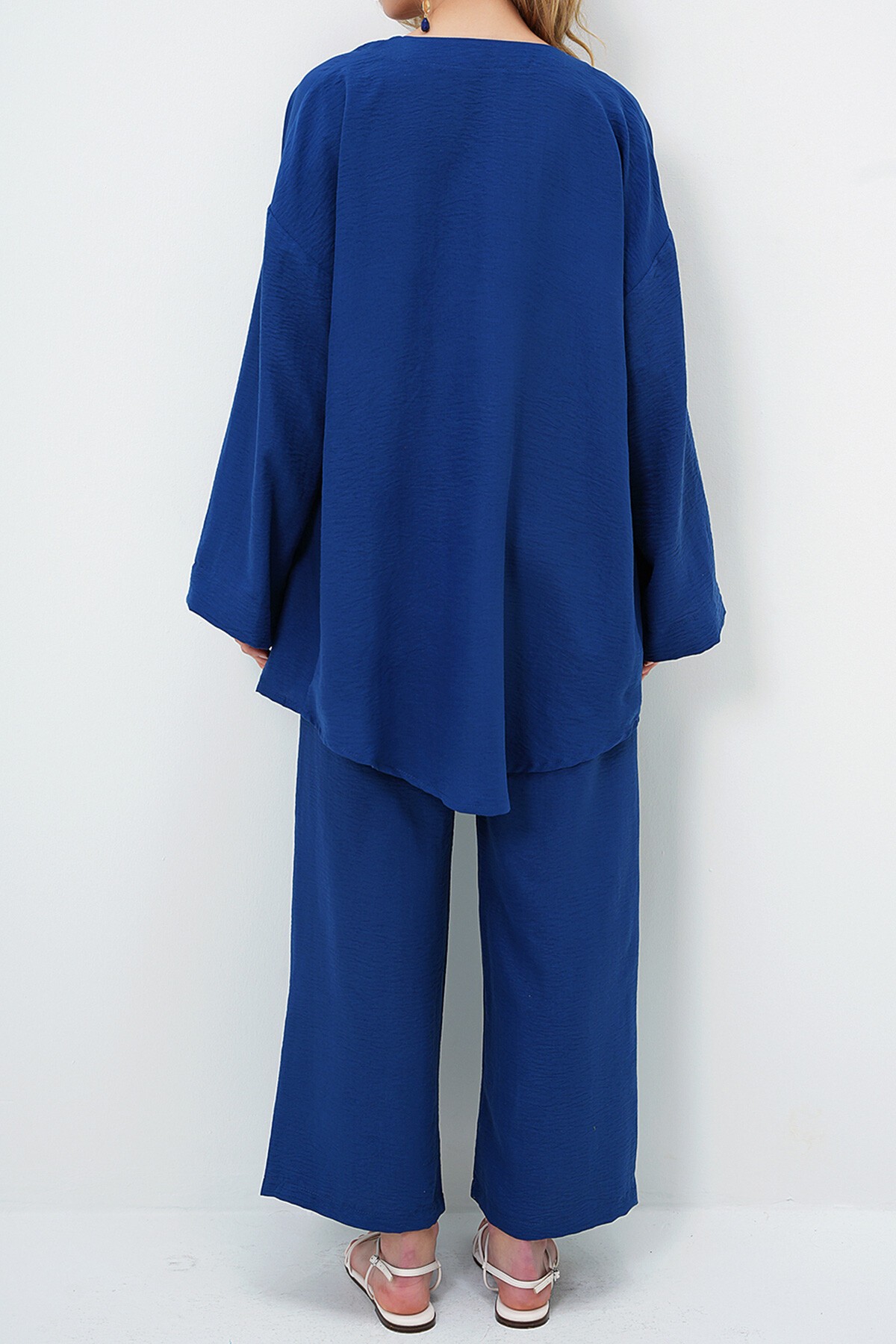 Lacivert Önü Bağcıklı Kimono Ceket Ve Palazzo Pantolon Takım