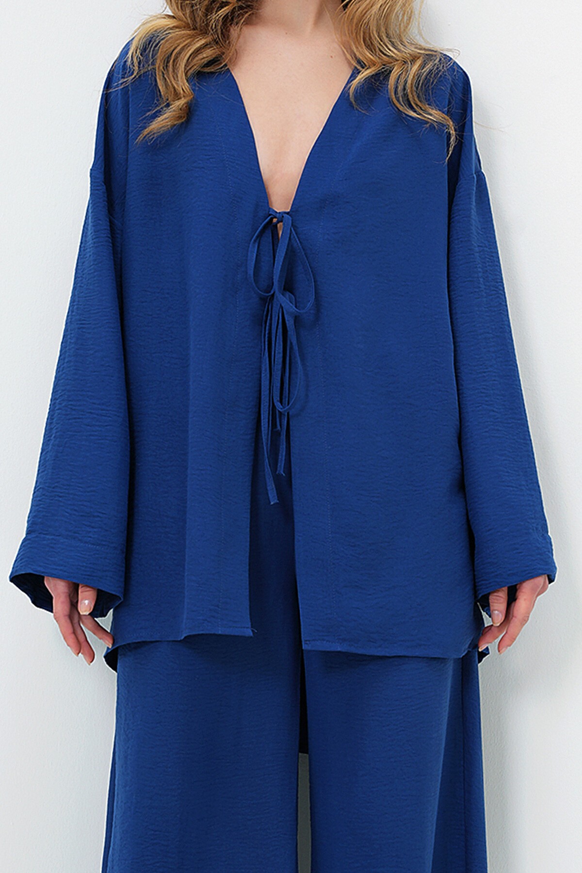 Lacivert Önü Bağcıklı Kimono Ceket Ve Palazzo Pantolon Takım