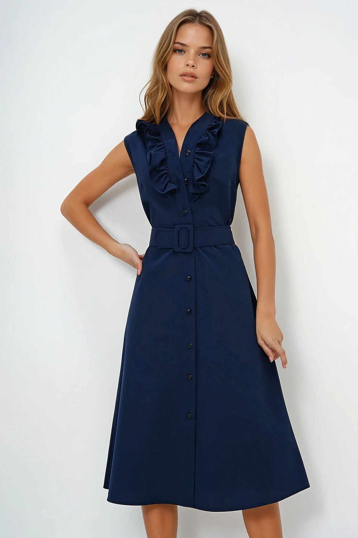 Lacivert Önü Fırfırlı Kemerli Poplin Dokuma Elbise