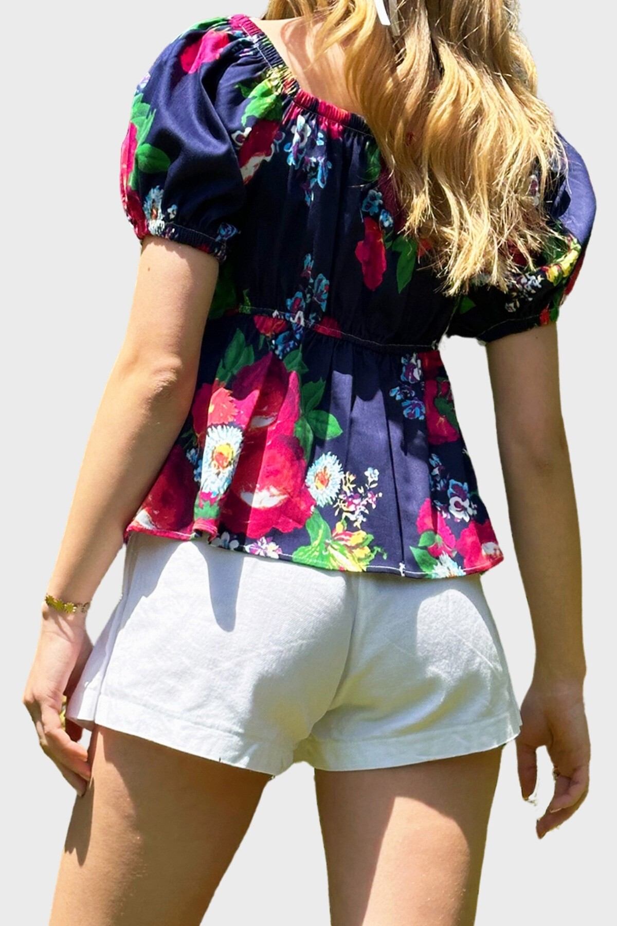 Lacivert Öpücük Yaka Karpuz Kol Desenli Poplin Bluz